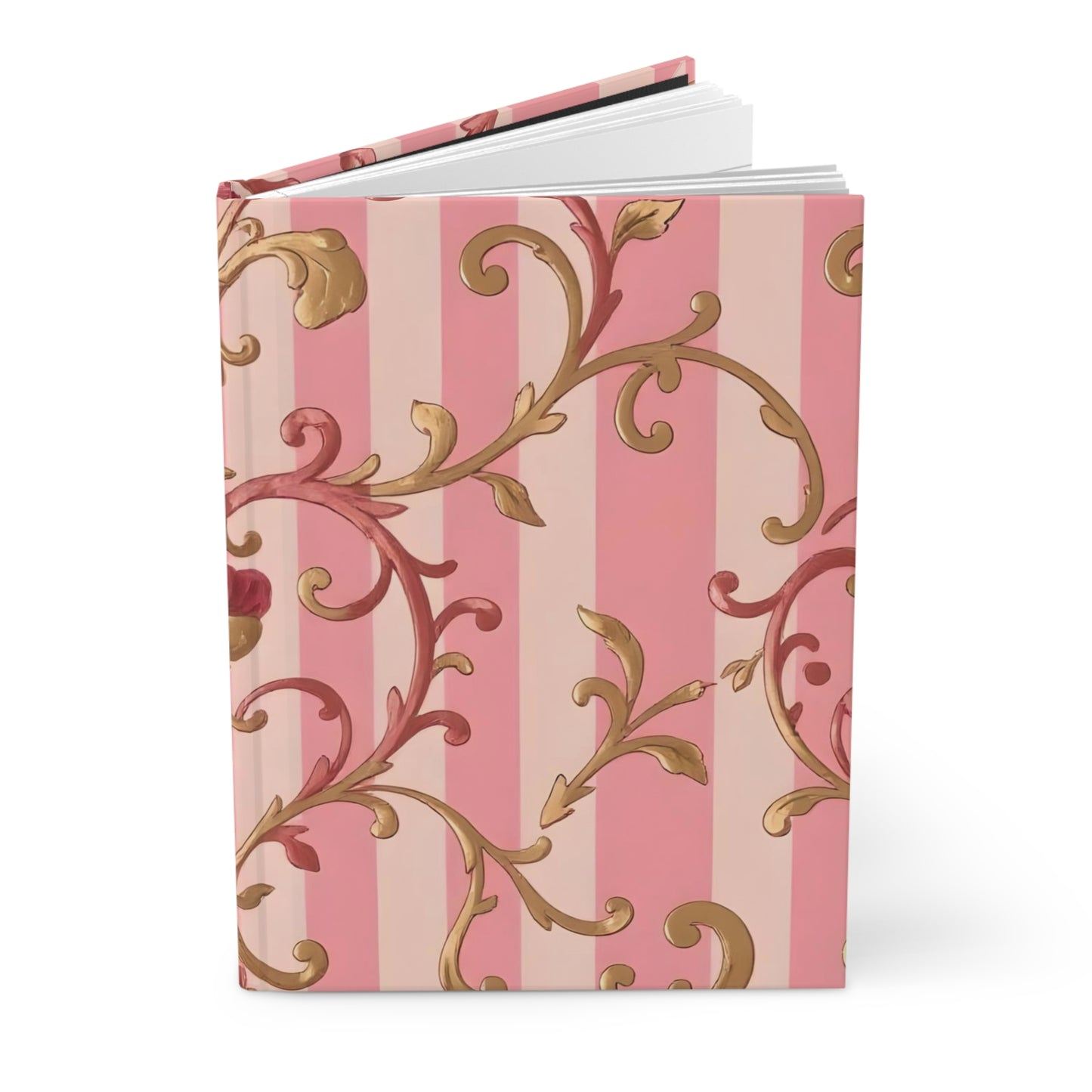 Elegant Floral Motif Hardcover Journal - Stylish Writing Notebook - Pink Striped Rose Gold Damask