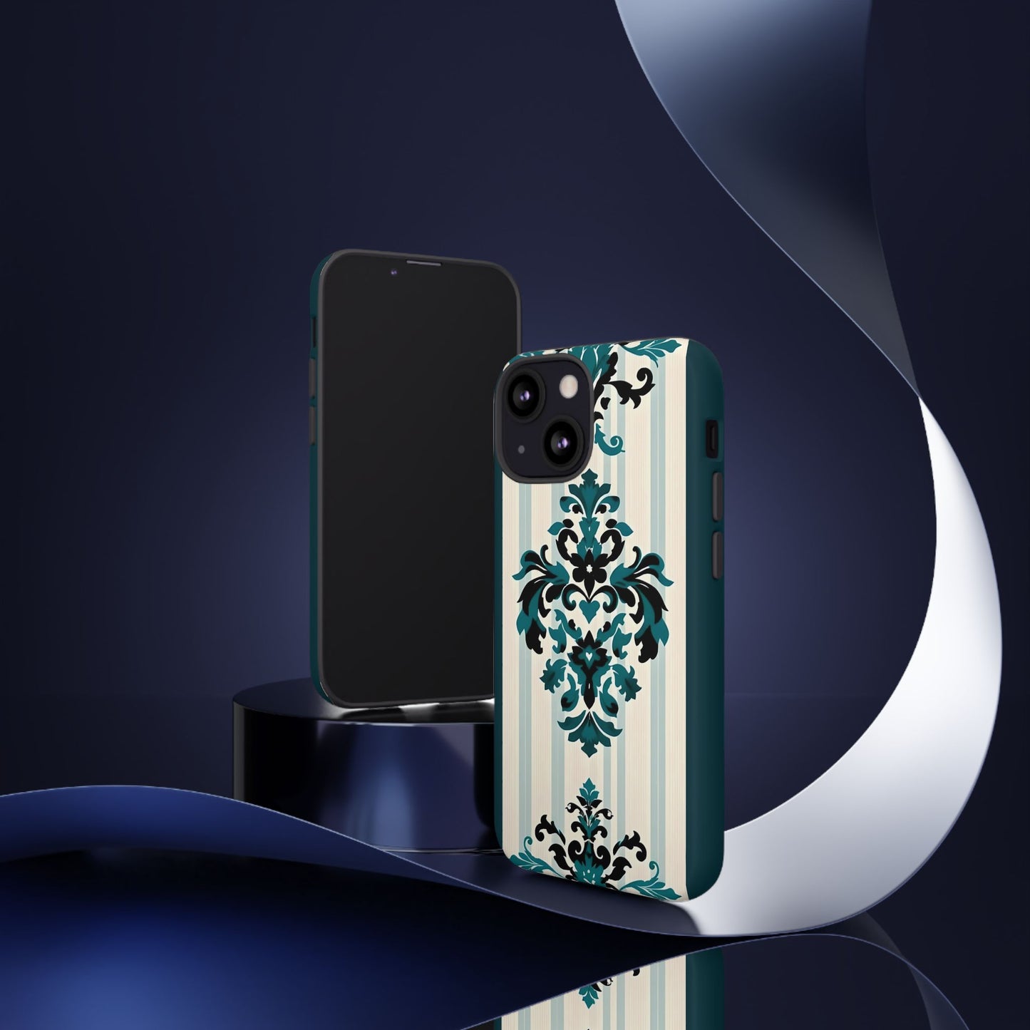 Elegant Floral Phone Case - Tough Cases with Vintage Design - Teal Striped Damask