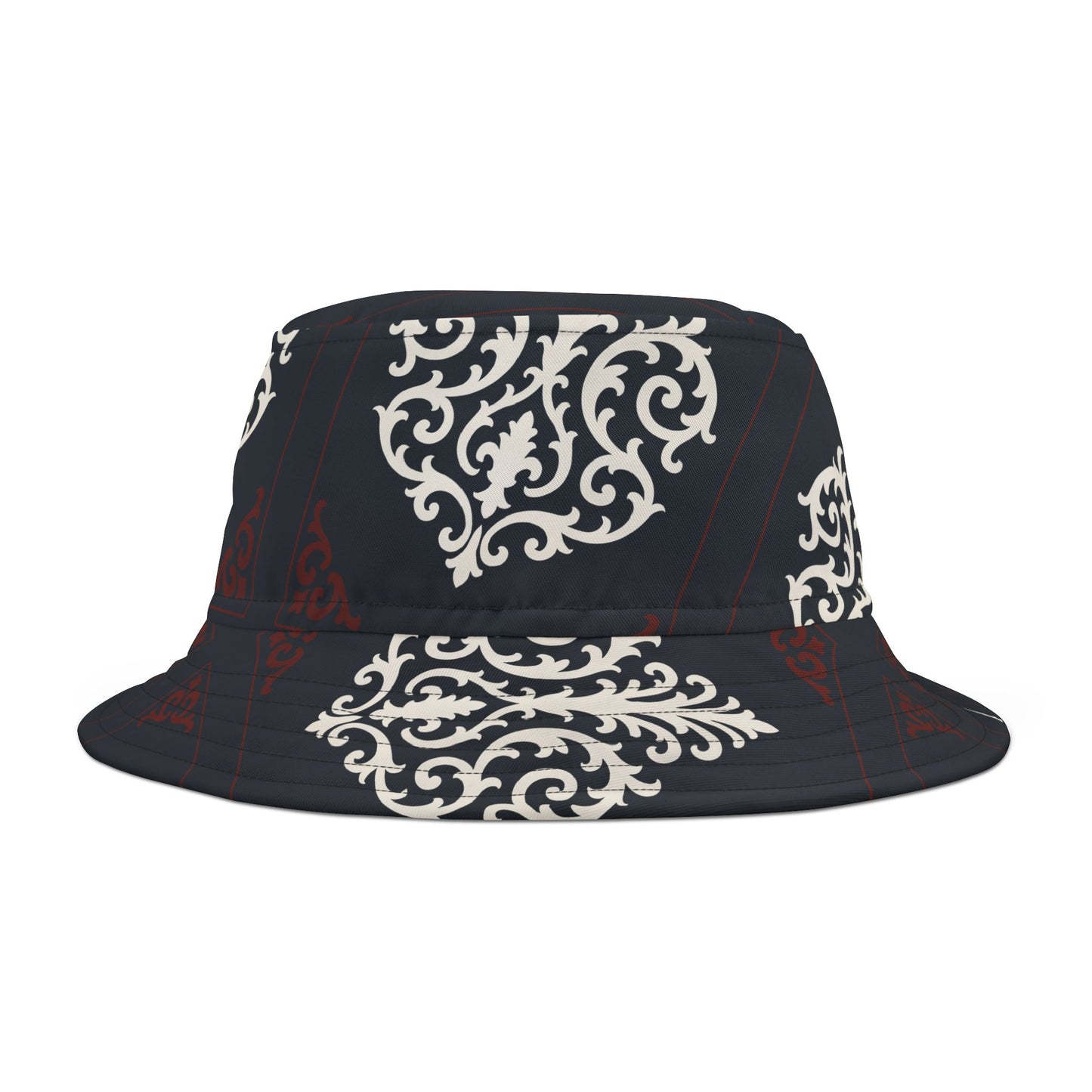 Dusk Blue & Maroon-White Baroque Bucket Hat — Vintage Ornamental Print