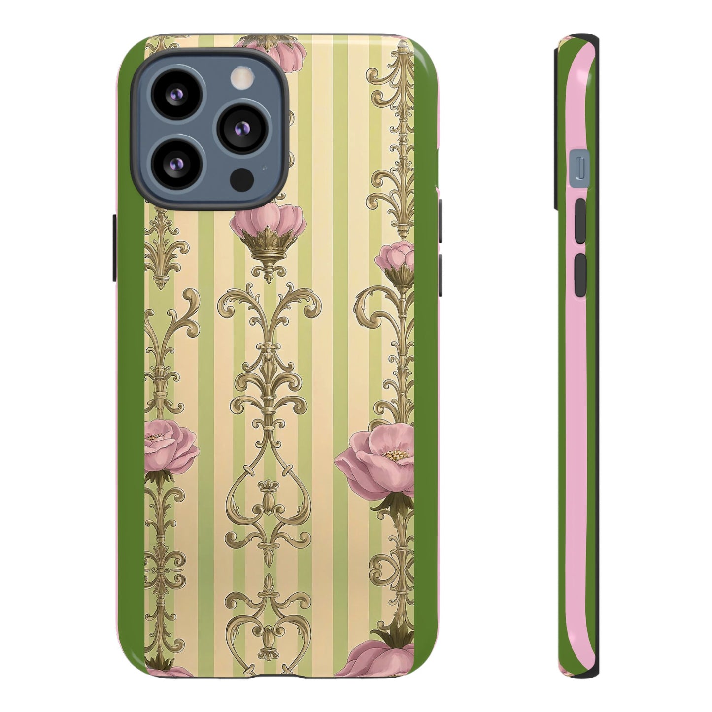 Elegant Floral Motif Phone Case - Tough Cases with Vintage Design - Lime Green & Pink Striped Damask
