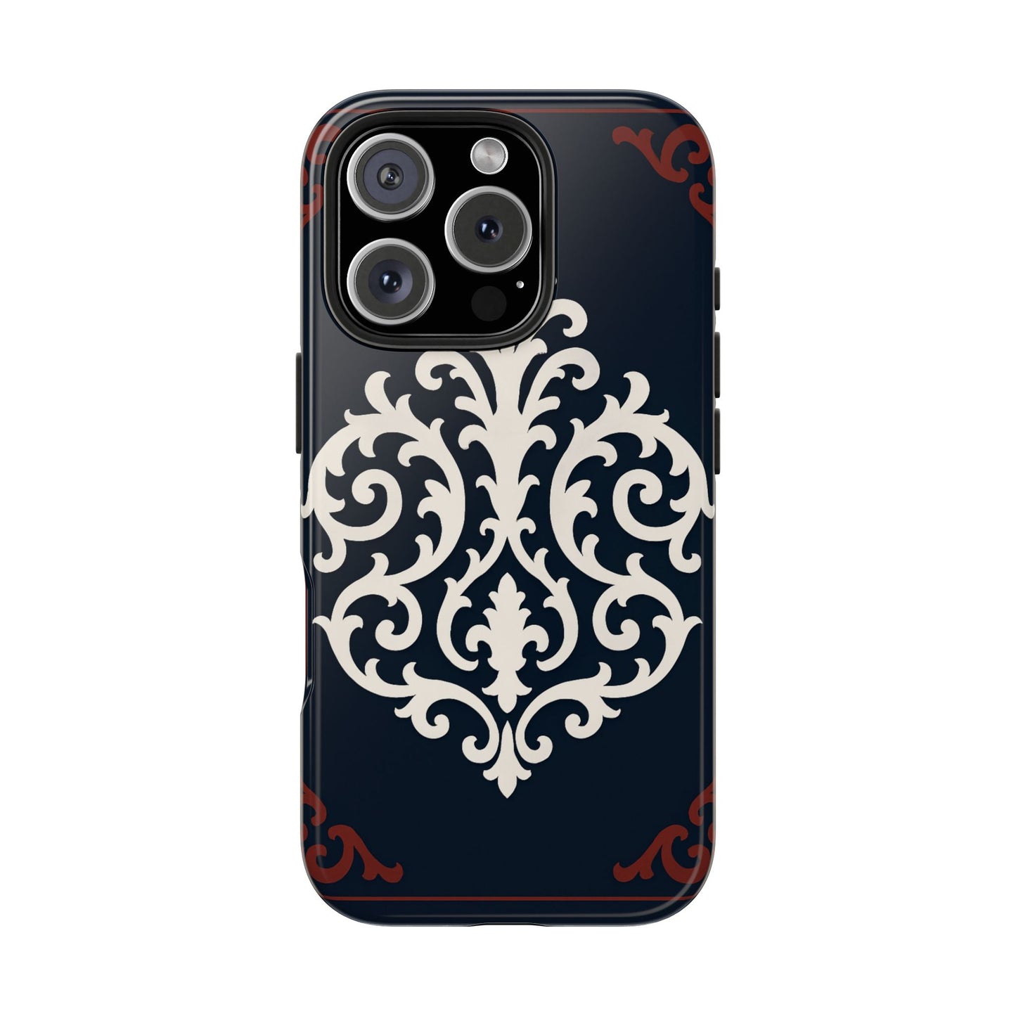Dusk Blue-Maroon & White Baroque Tough Phone Case — Vintage Scroll Design