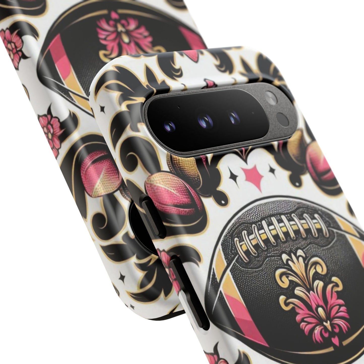 Elegant Floral Motif Phone Case - Tough Cases with Vintage Design - Damask White, Pink Gold & Black Football
