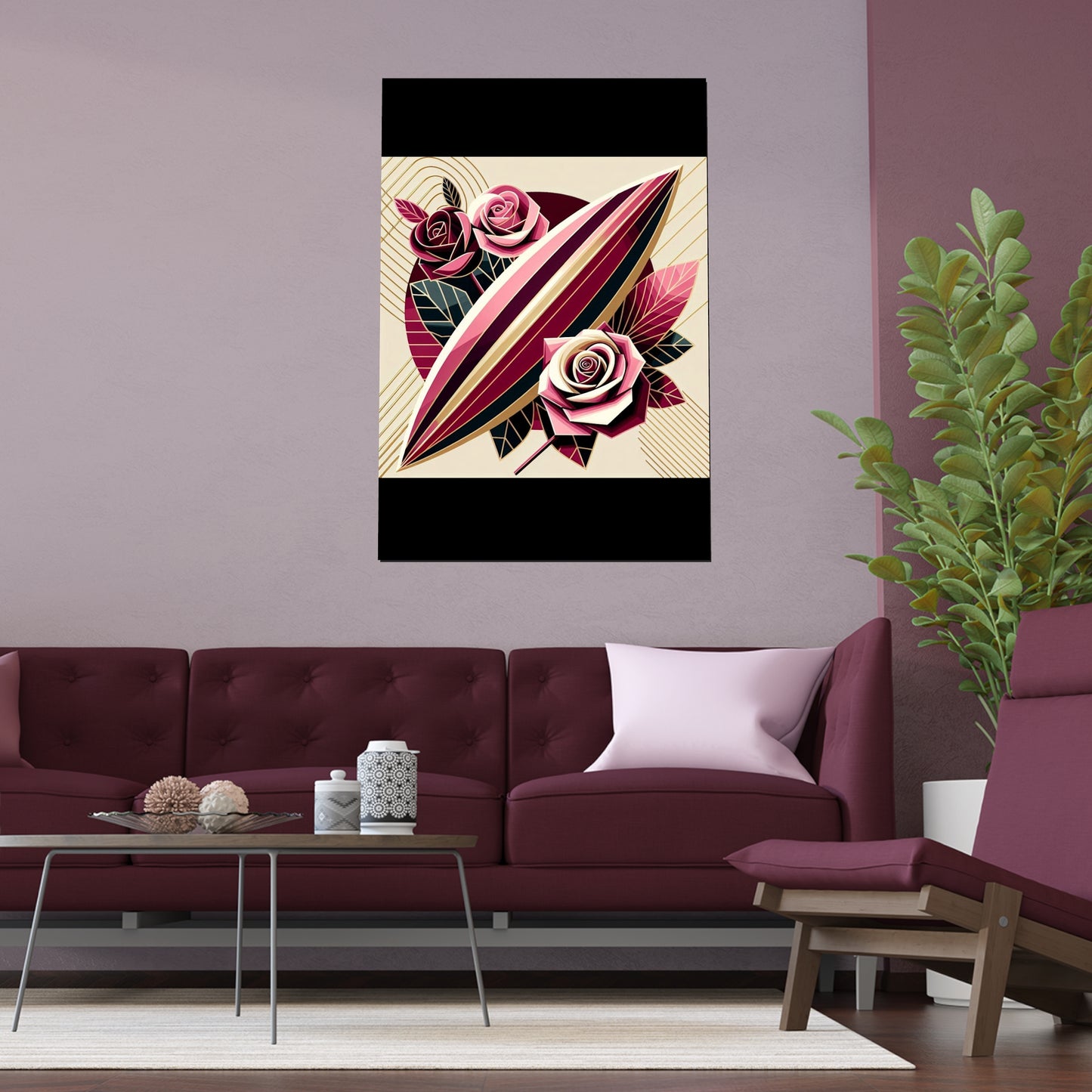Elegant Floral Silk Poster - Indoor/Outdoor Wall Art for Home Decor - Pink & Burgundy Striped Surfboard & Roses