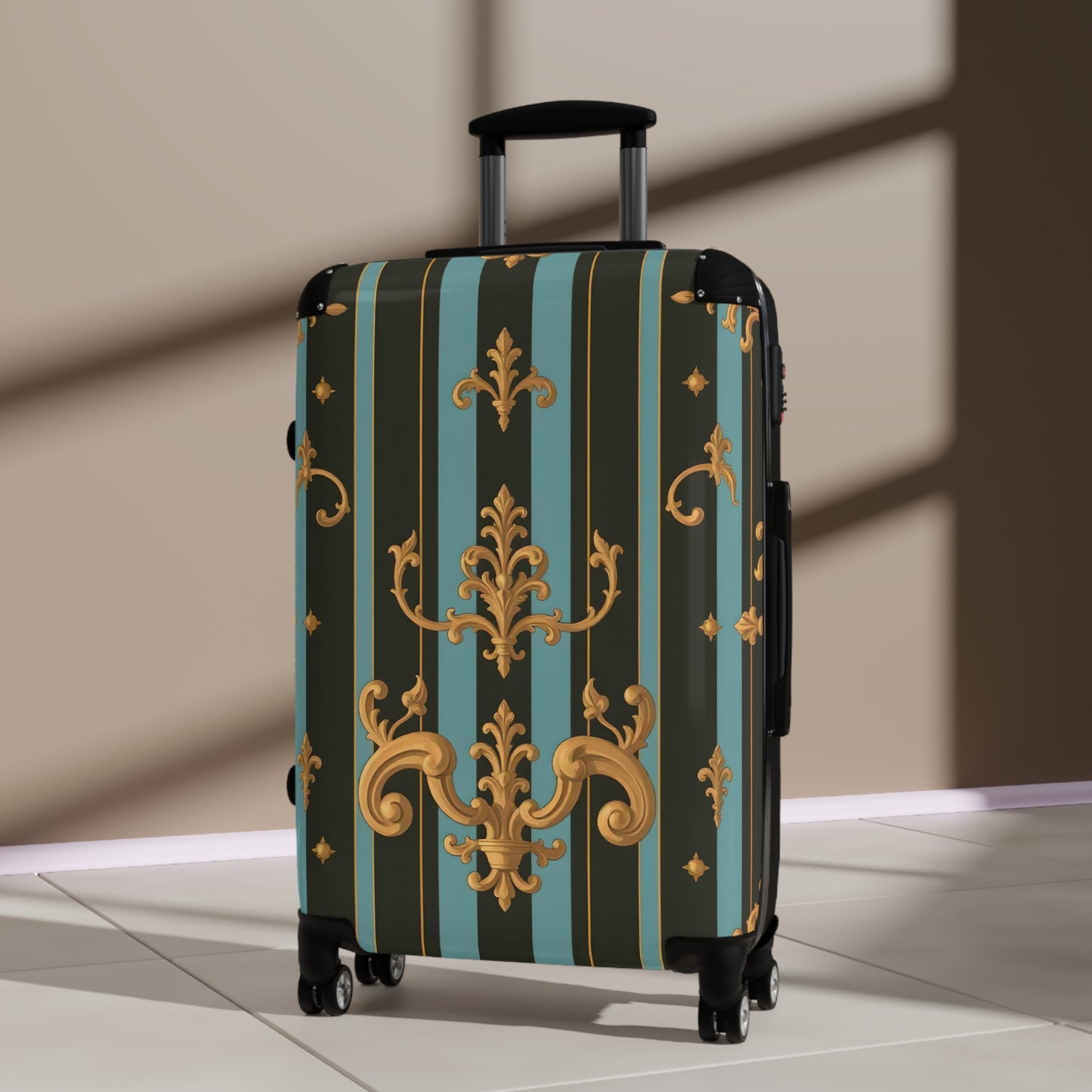 Elegant Vintage Striped Suitcase, Travel Luggage, Stylish Travel Gear, Unique Gift for Travelers, Sturdy Cabin Bag - Black & Turquoise Striped Baroque