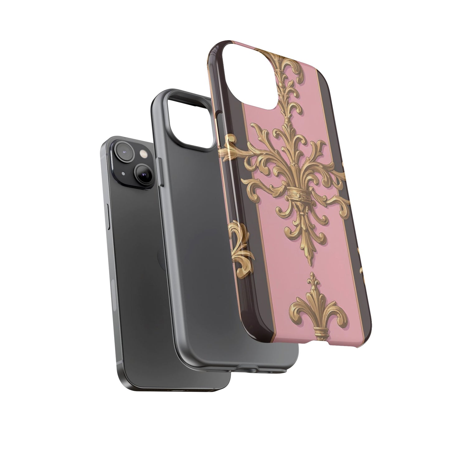 Elegant Floral Motif Phone Case - Tough Cases with Vintage Design - Pink & Brown Striped Gold Damask