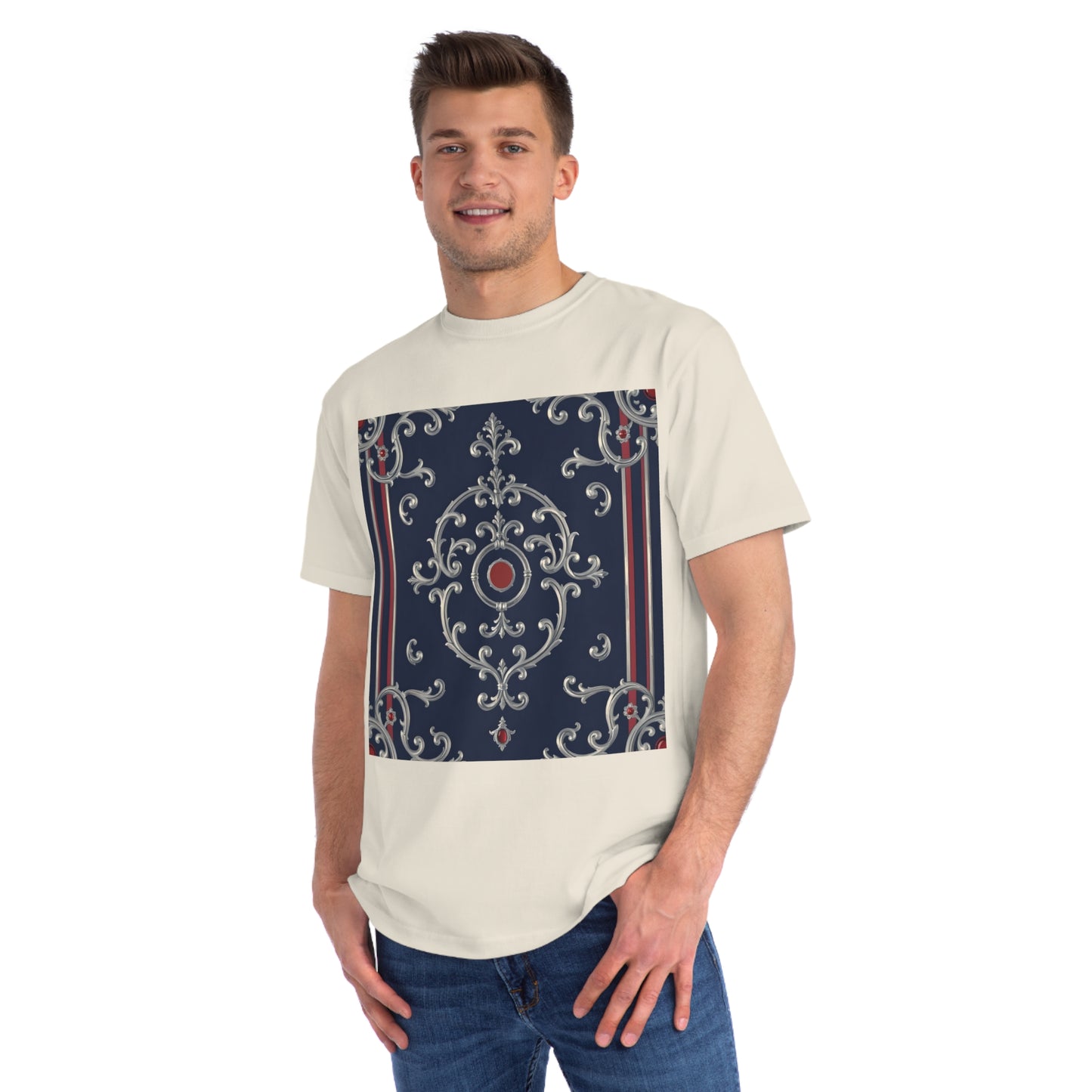 Vintage Pattern Organic Unisex T-Shirt | Baroque Style Tee, Casual Wear, Unique Gift, Eco-Friendly Fashion - Blue & Red Striped Silver Baroque