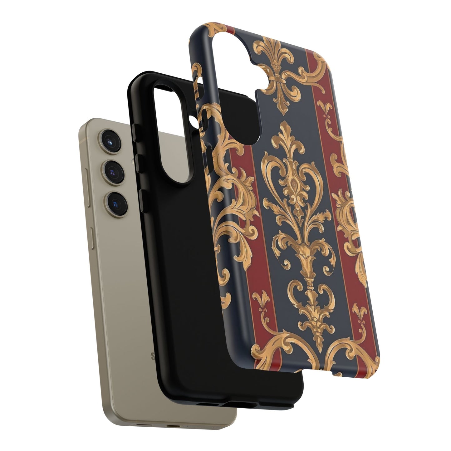 Elegant Floral Motif Phone Case - Tough Cases with Vintage Design - Midnight Blue & Dusk Red Striped Gold Damask