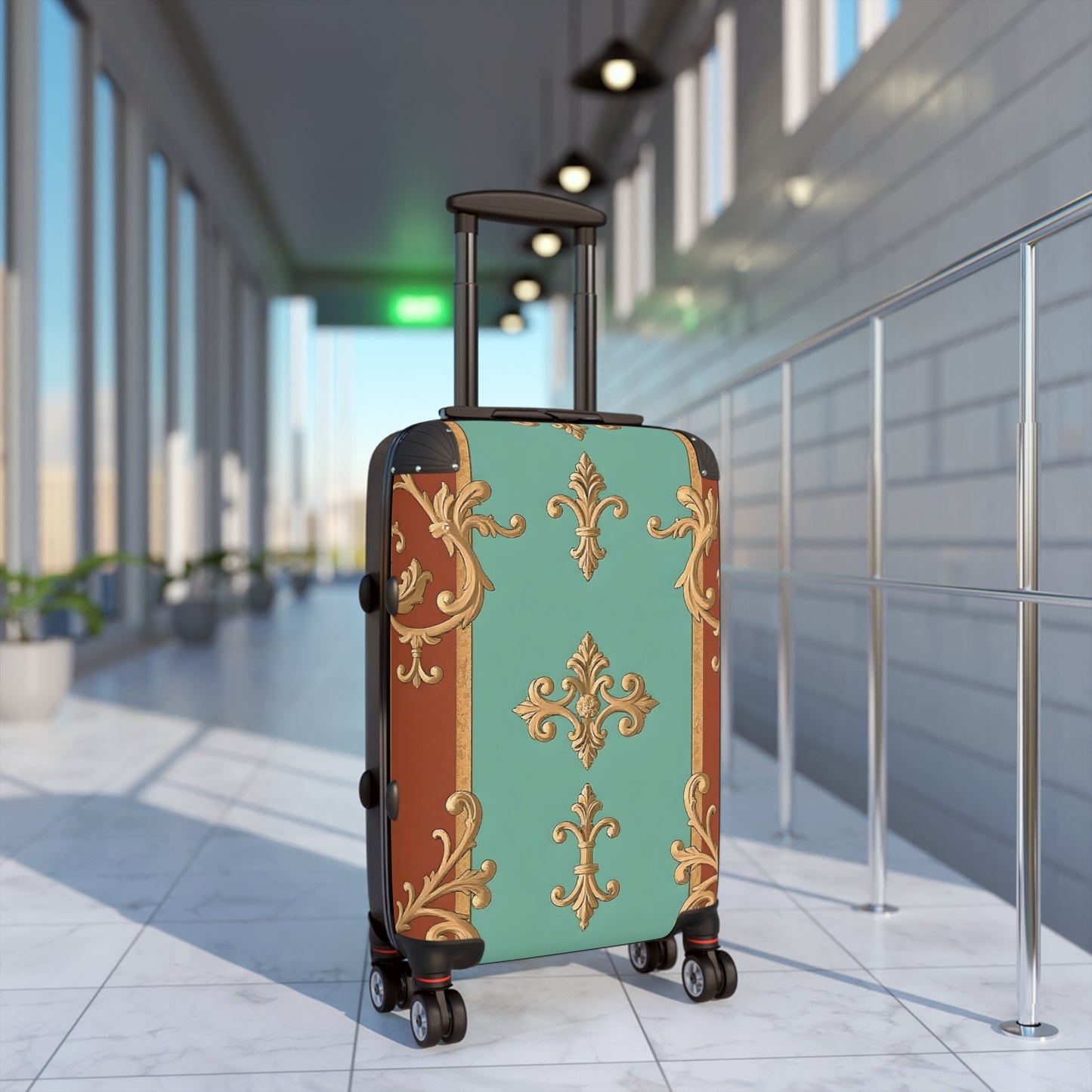 Elegant Travel Suitcase with Vintage Design - Rust & Mint Aqua Striped Baroque