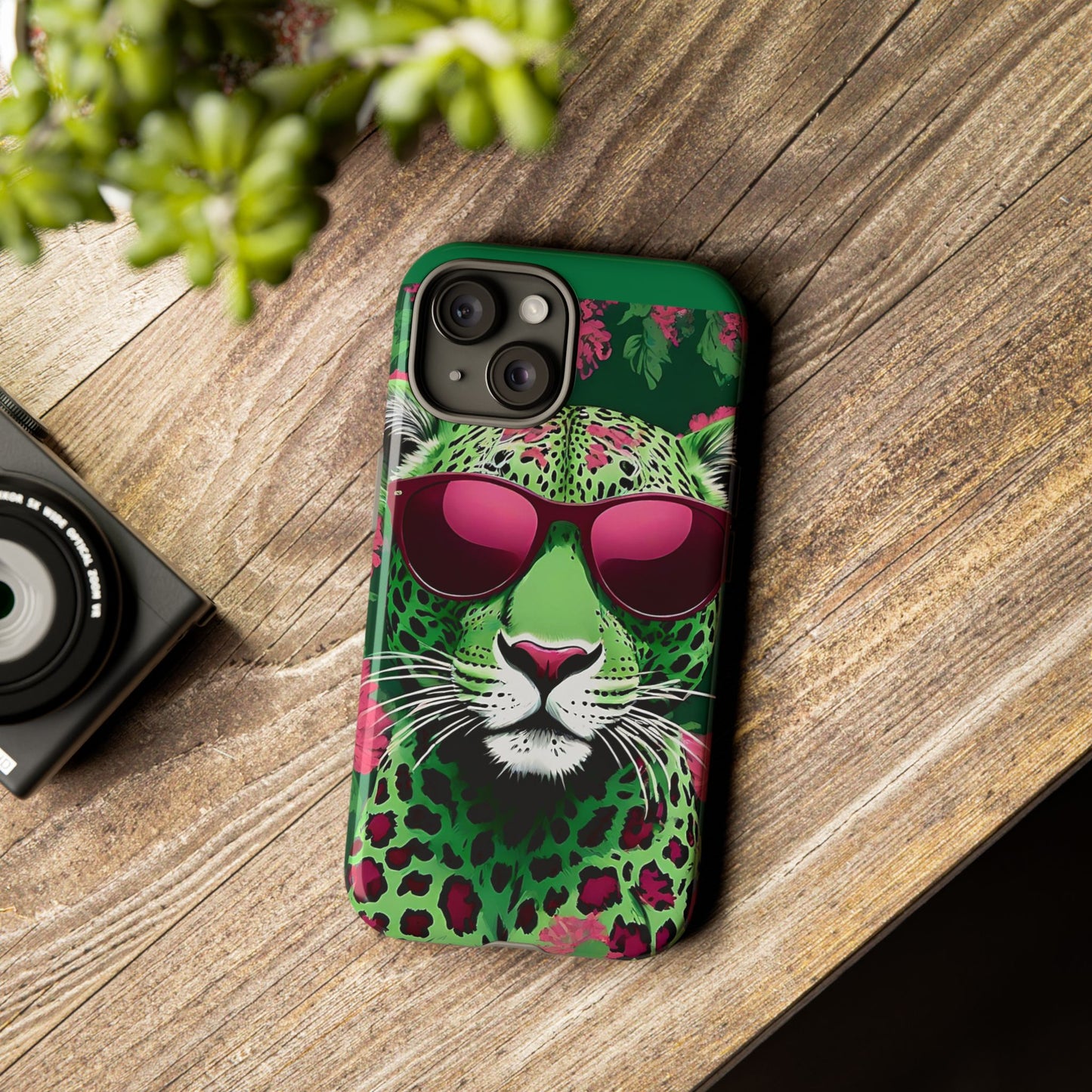 Phone Case - Lime Green & Burgundy Leopard In Sunglasses Design