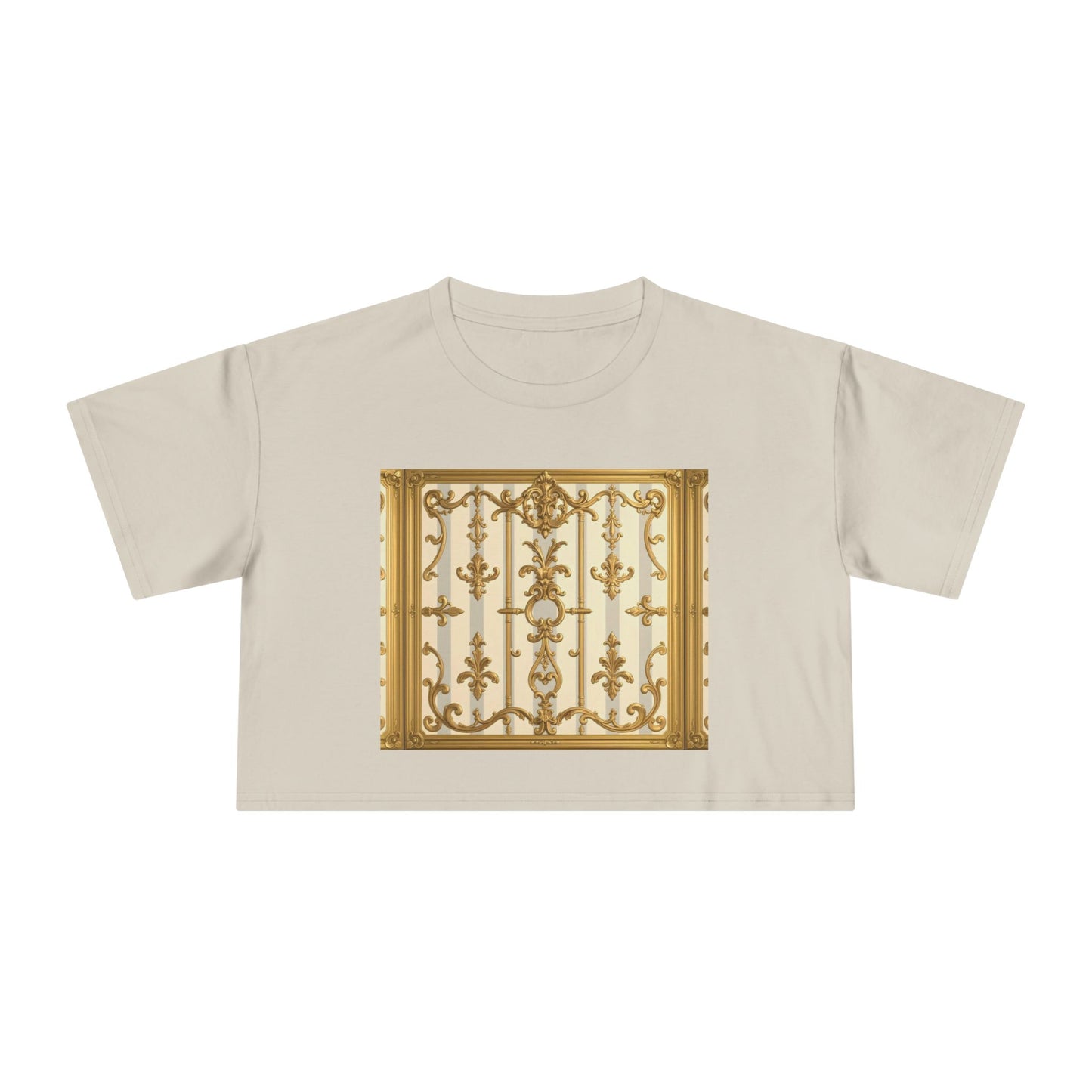 Elegant Vintage Women's Crop Tee, Stylish Oversized Top, Casual Summer Shirt, Trendy Women's Apparel - Matte Gray & Cream Striped Gold Baroque