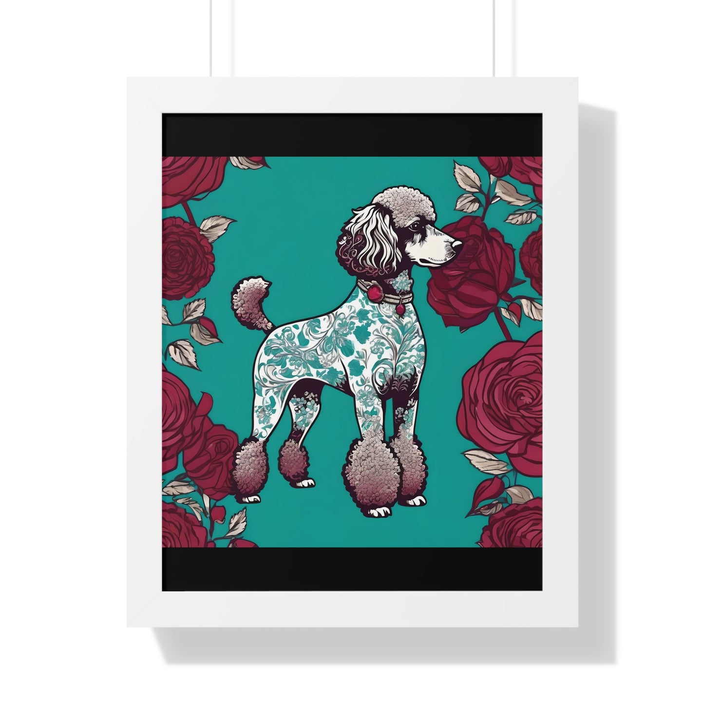 Vertical Poster - Stylish Framed - Art for Home Decor - Damask Aqua & White Poodle With Burgundy Roses