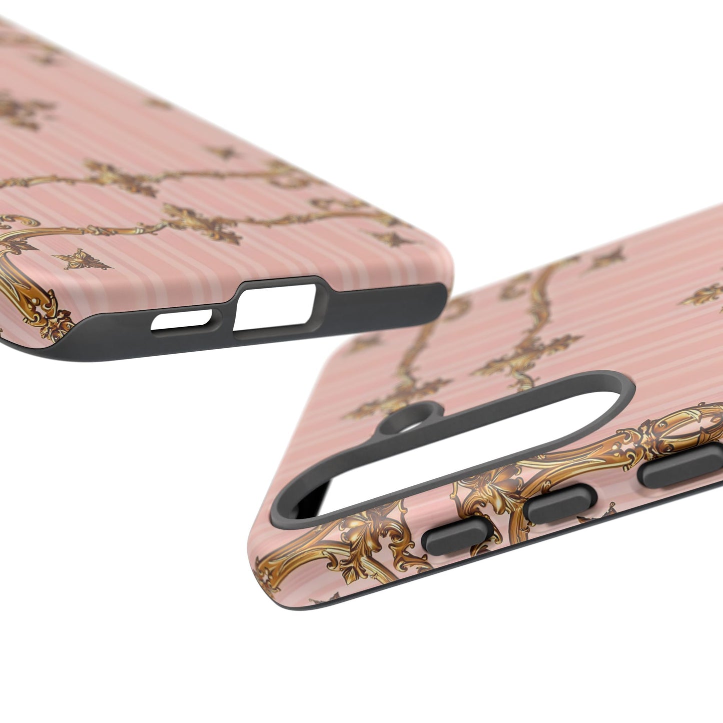 Elegant Floral Phone Case, Tough Cases for Women, Trendy Phone Cover, Chic Gift - Pink Striped Gold Baroque
