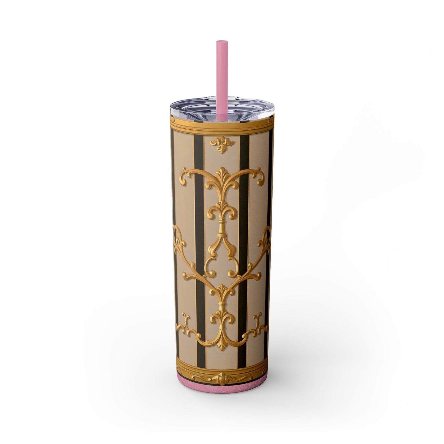 Skinny Tumbler with Straw, 20oz - Beige Striped Gold Rococo