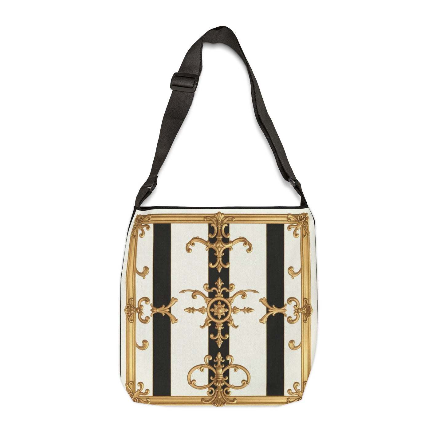 Elegant Vintage-Inspired Adjustable Tote Bag, Fashion Accessories, Daily Use, Gift for Her, Trendy Bag - Black & White Striped Gold Baroque