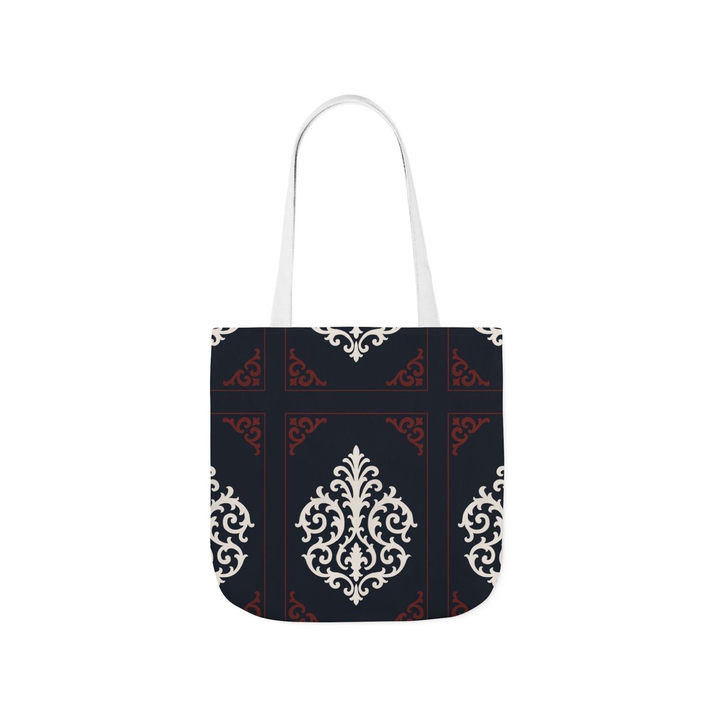 Dusk Blue-Maroon & White Baroque Pattern Canvas Tote Bag — Elegant Dusk Blue & White Reusable Market Bag