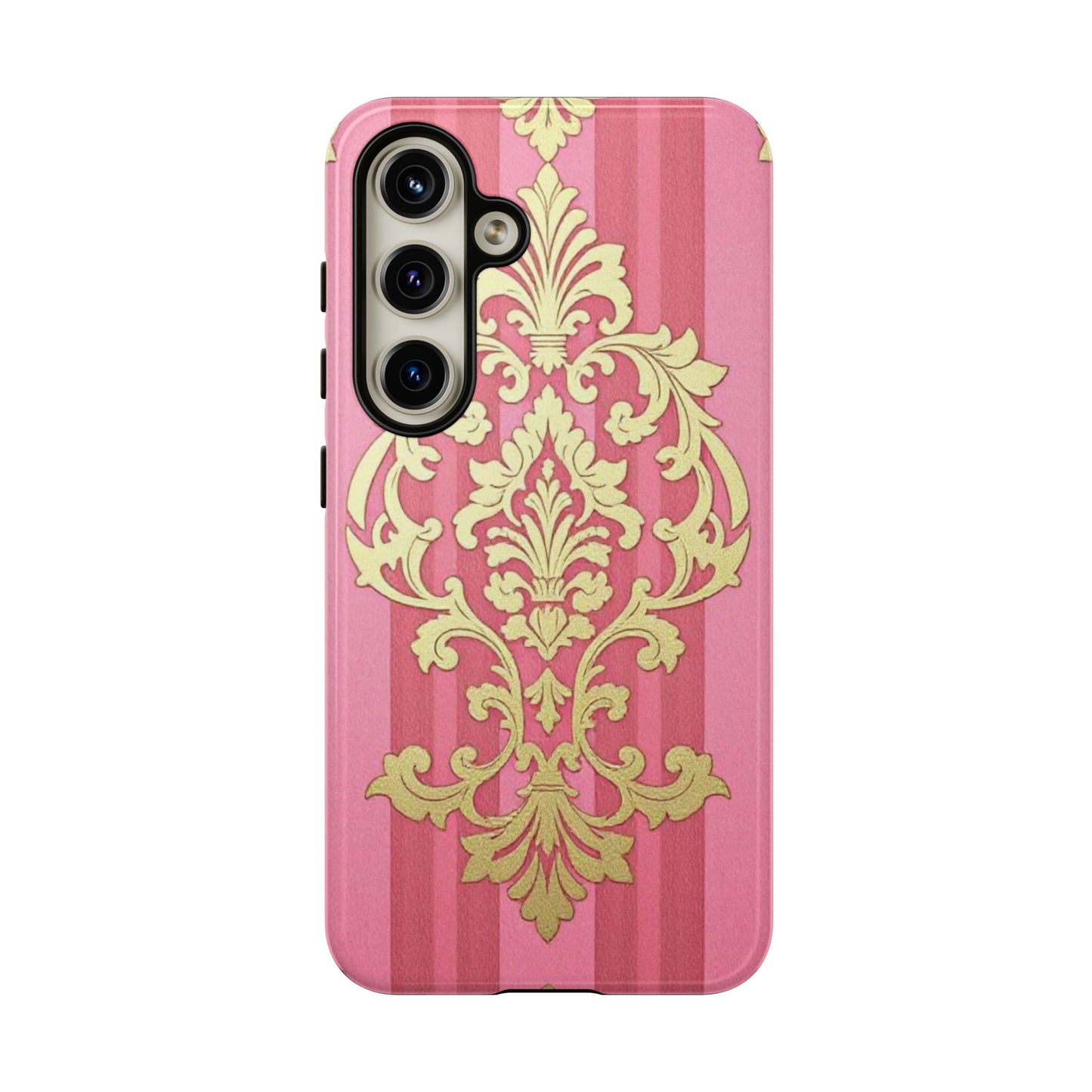 Elegant Floral Motif Phone Case - Tough Cases with Vintage Design - Pink Striped Damask