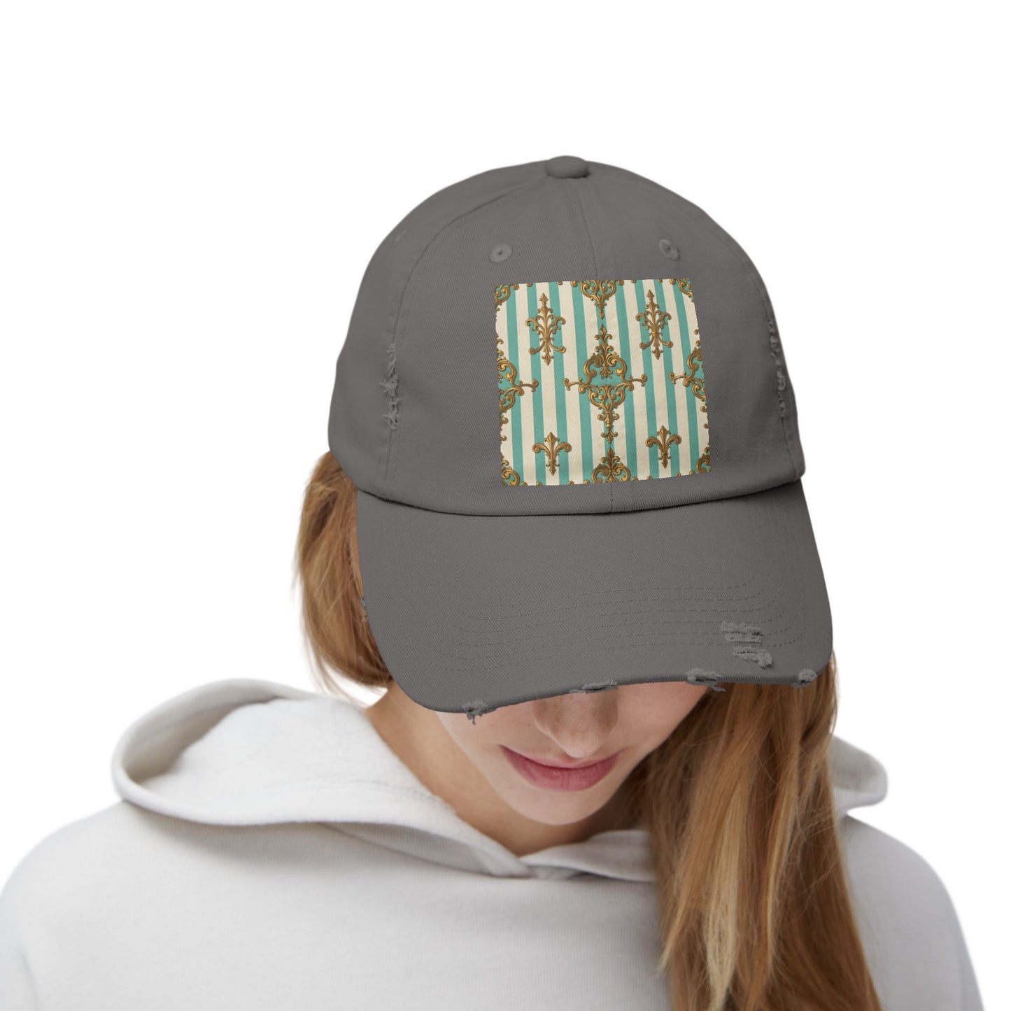 Stylish Unisex Distressed Cap with Vintage Pattern, Casual Hat for Everyday Wear, Gift for Birthdays - Matte Green Striped Rococo