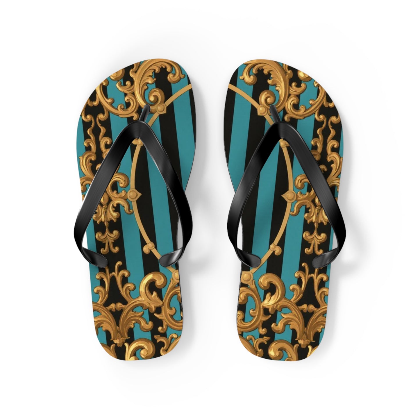 Elegant Turquoise & Black Striped Gold Baroque Patterned Flip Flops for Beach, Summer Vibes, Vacation Essentials, Stylish Footwear