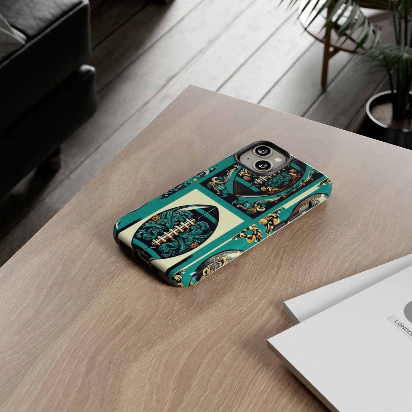 Elegant Floral Motif Phone Case - Tough Cases with Vintage Design -  Damask Teal, Gold & Black Footballs