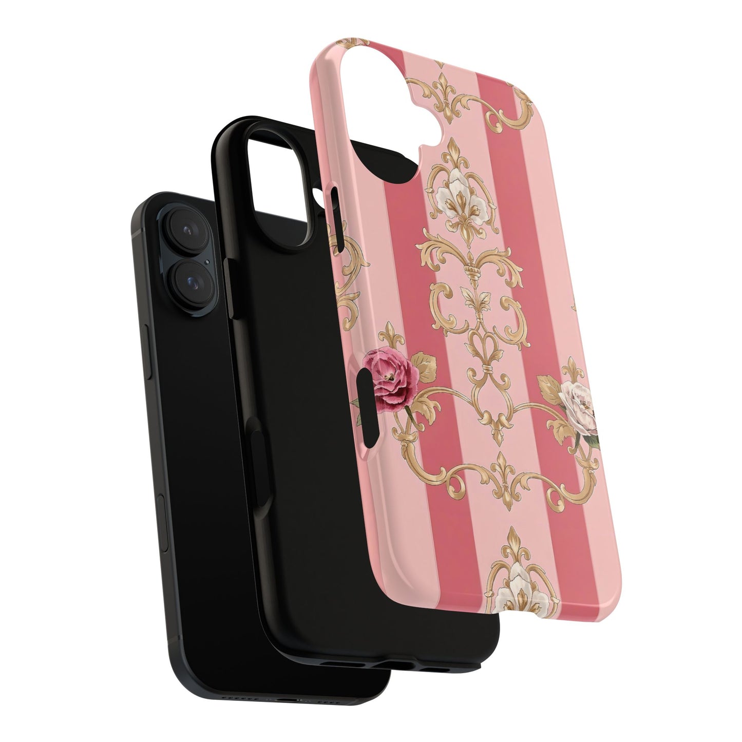 Elegant Floral Motif Phone Case - Tough Cases with Vintage Design - Pink Striped Roses & Damask