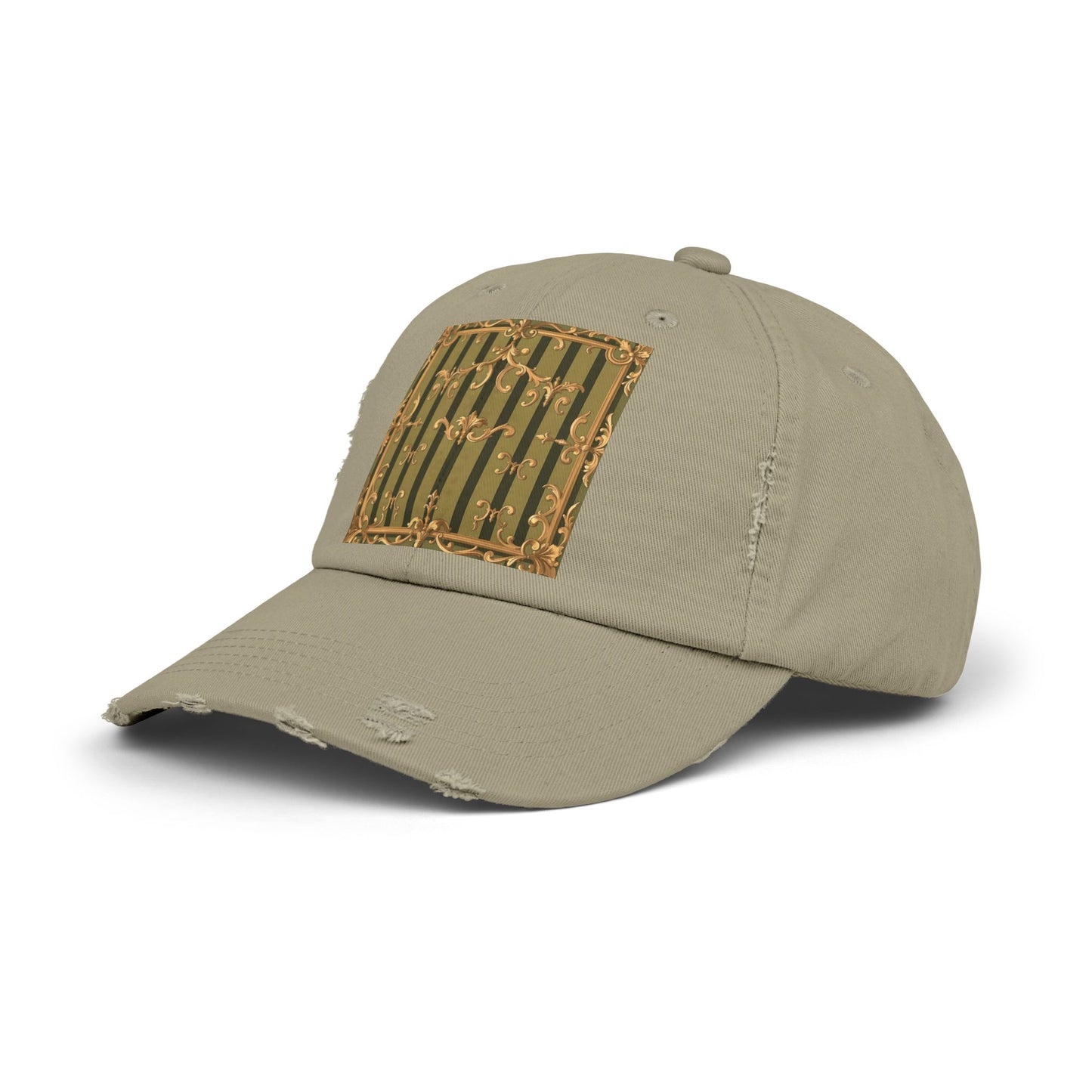 Vintage Distressed Cap with Elegant Gold Design, Fashionable Unisex Hat for Casual Outings - Olive Green Striped Rococo