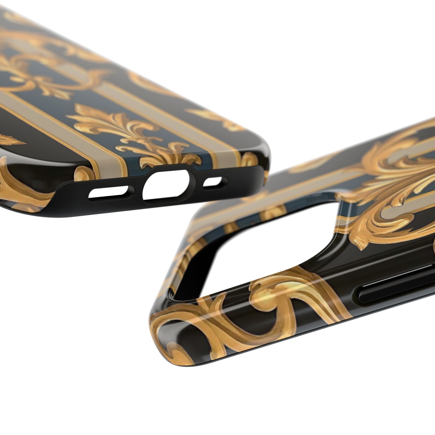 Elegant Rococo Phone Cases, Tough iPhone Case, Floral Design Case, Luxury Phone Cover - Blue & Black Striped Rococo