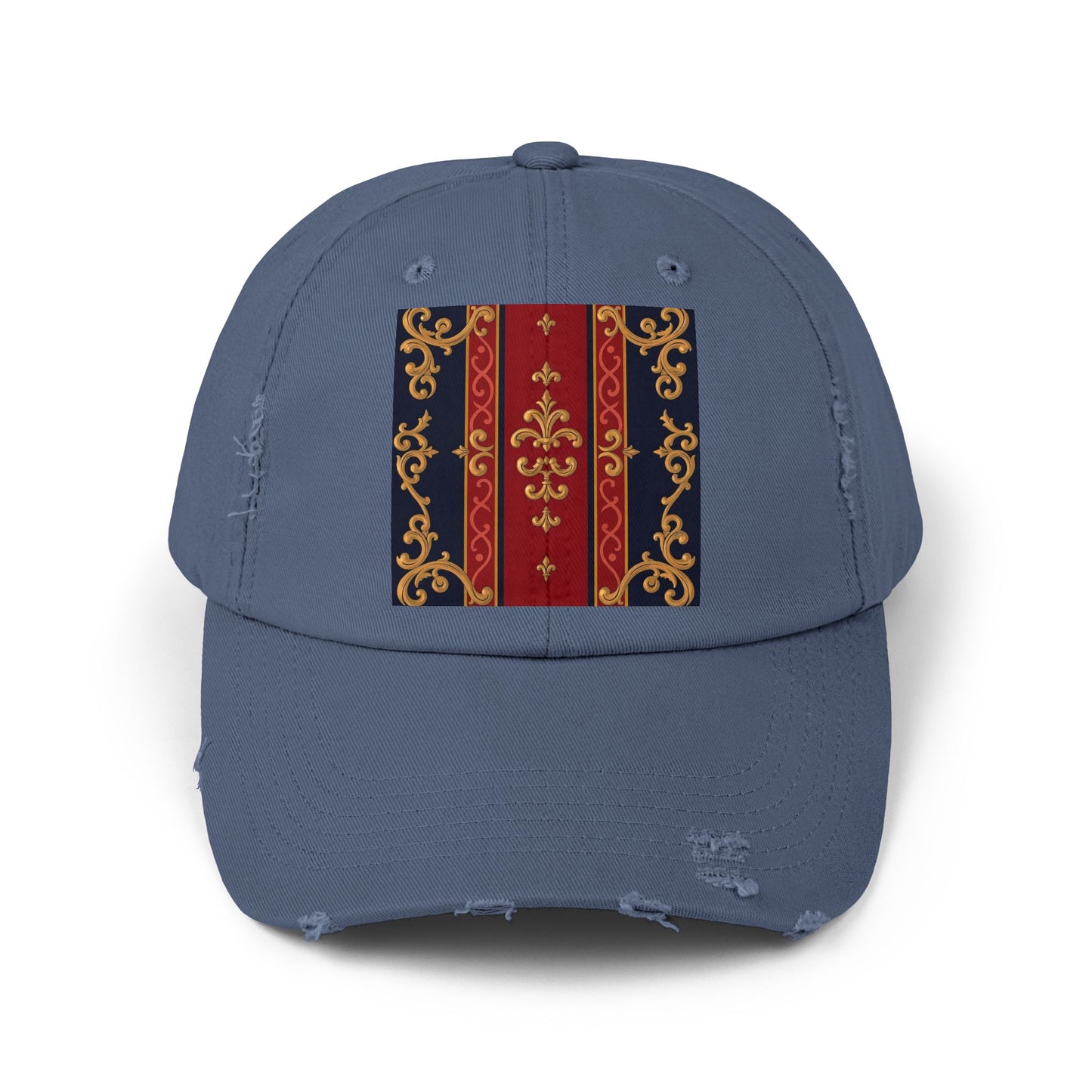 Vintage-Inspired Distressed Cap, Stylish Hat, Perfect Gift for Friends, Fashion Accessory, Unisex Headwear - Midnight Blue & Dusk Red Gold Baroque