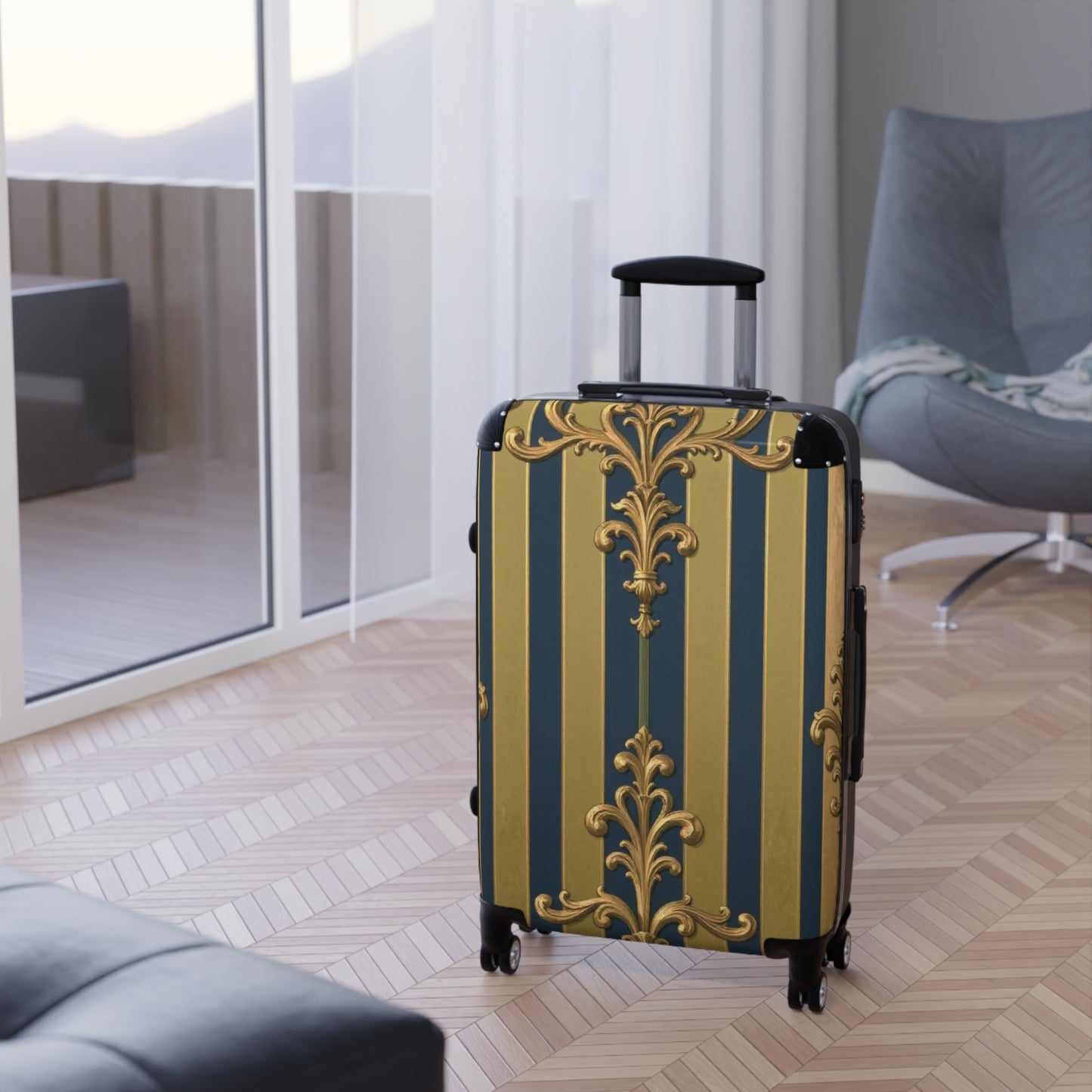 Elegant Midnight Blue & Olive Striped Gold Baroque Travel Suitcase, Chic Luggage for Stylish Travelers, Fashionable Overnight Bag, Luxury Baggage