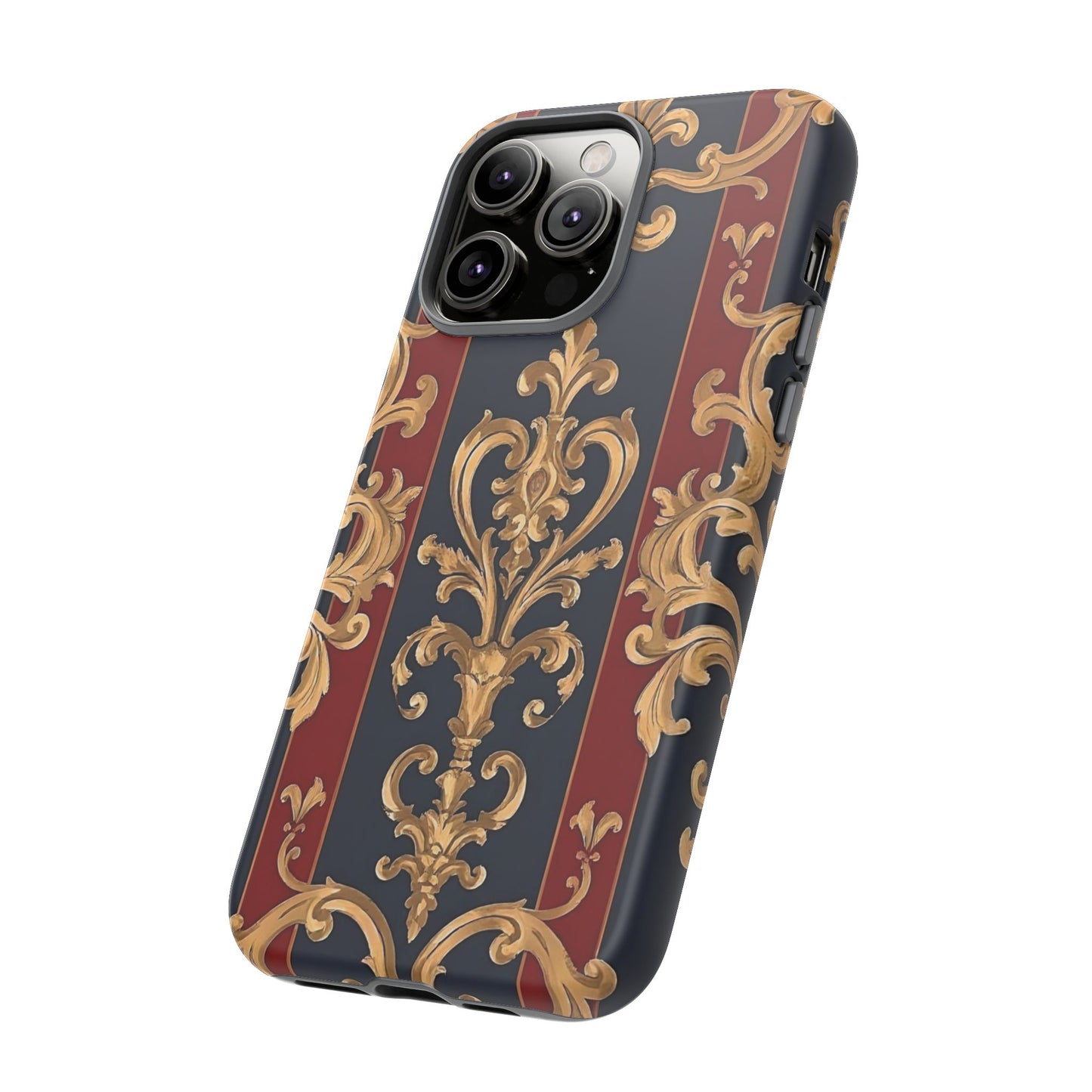 Elegant Floral Motif Phone Case - Tough Cases with Vintage Design - Midnight Blue & Dusk Red Striped Gold Damask