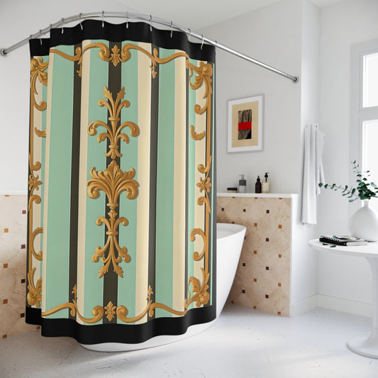 Elegant Floral Stripe Shower Curtain, Chic Bathroom Decor, Vintage Style Bathroom Accessories - Black & Matte Mint Striped Rococo