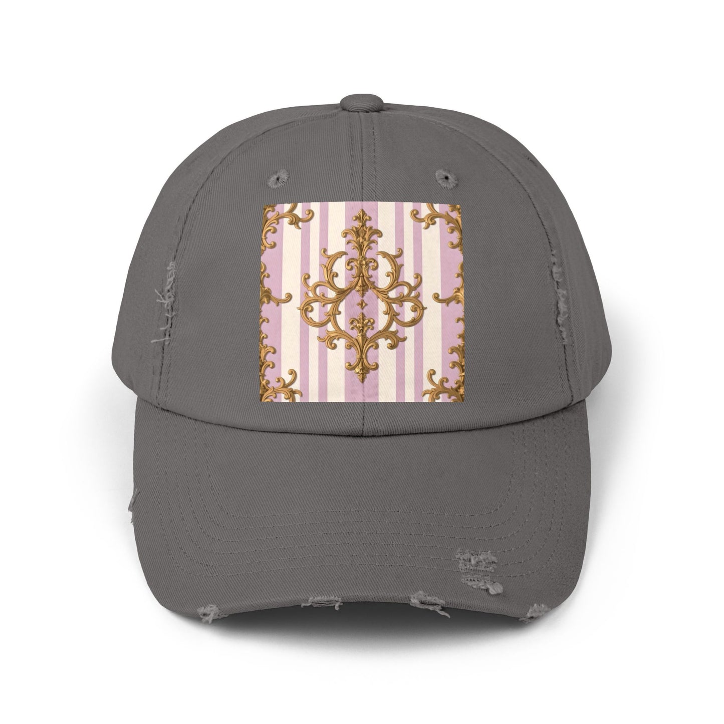Chic Distressed Cap with Elegant Design | Trendy Accessory, Gift for Fashion Lovers, Perfect for Casual Outings - Lilac & Alabaster Striped Gold Baroque