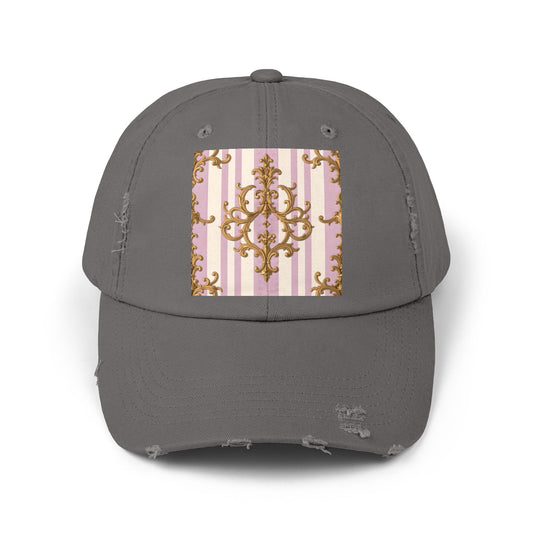 Chic Distressed Cap with Elegant Design | Trendy Accessory, Gift for Fashion Lovers, Perfect for Casual Outings - Lilac & Alabaster Striped Gold Baroque