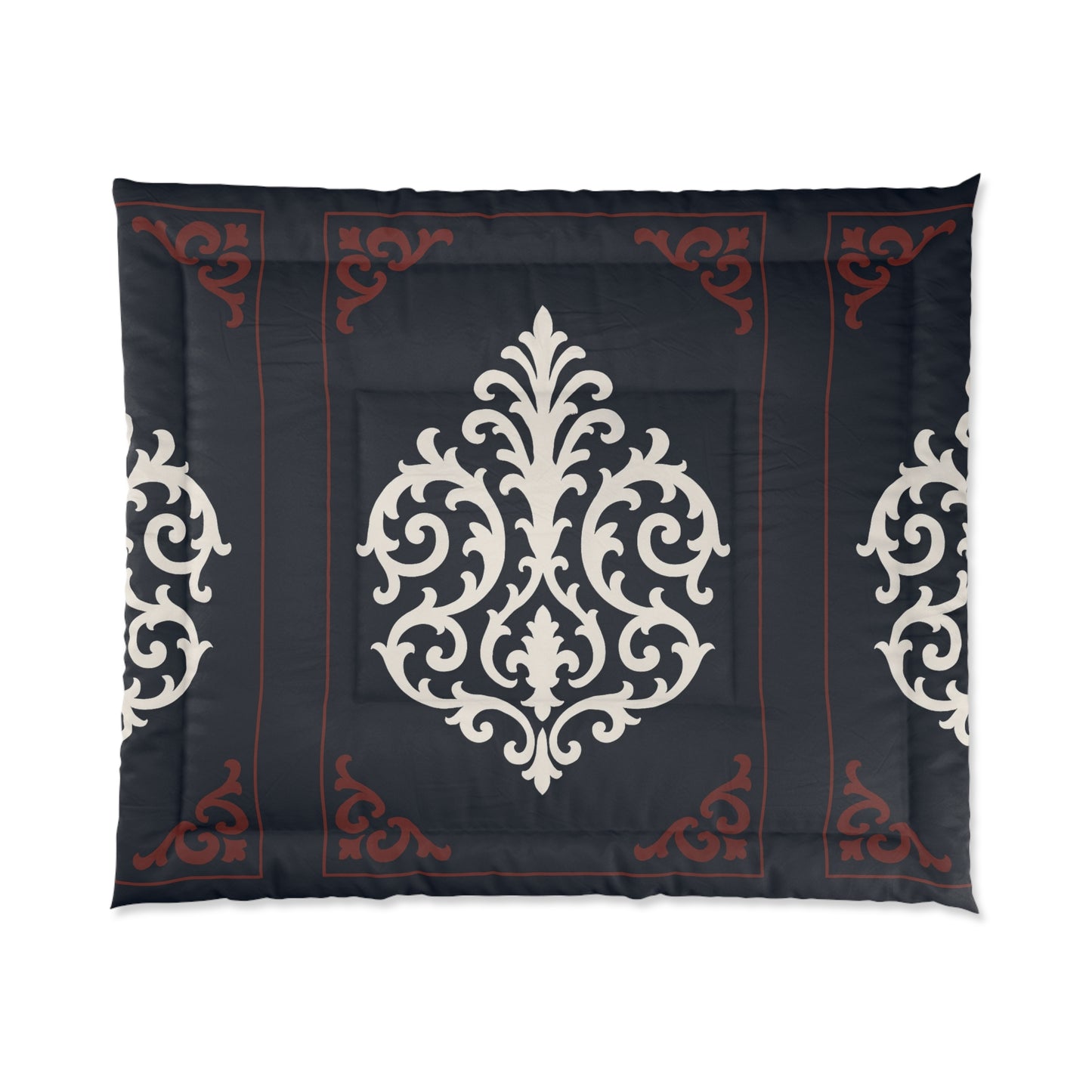 Dusk Blue-Maroon & White Baroque Comforter — Dusk Blue & White Decorative Bedding