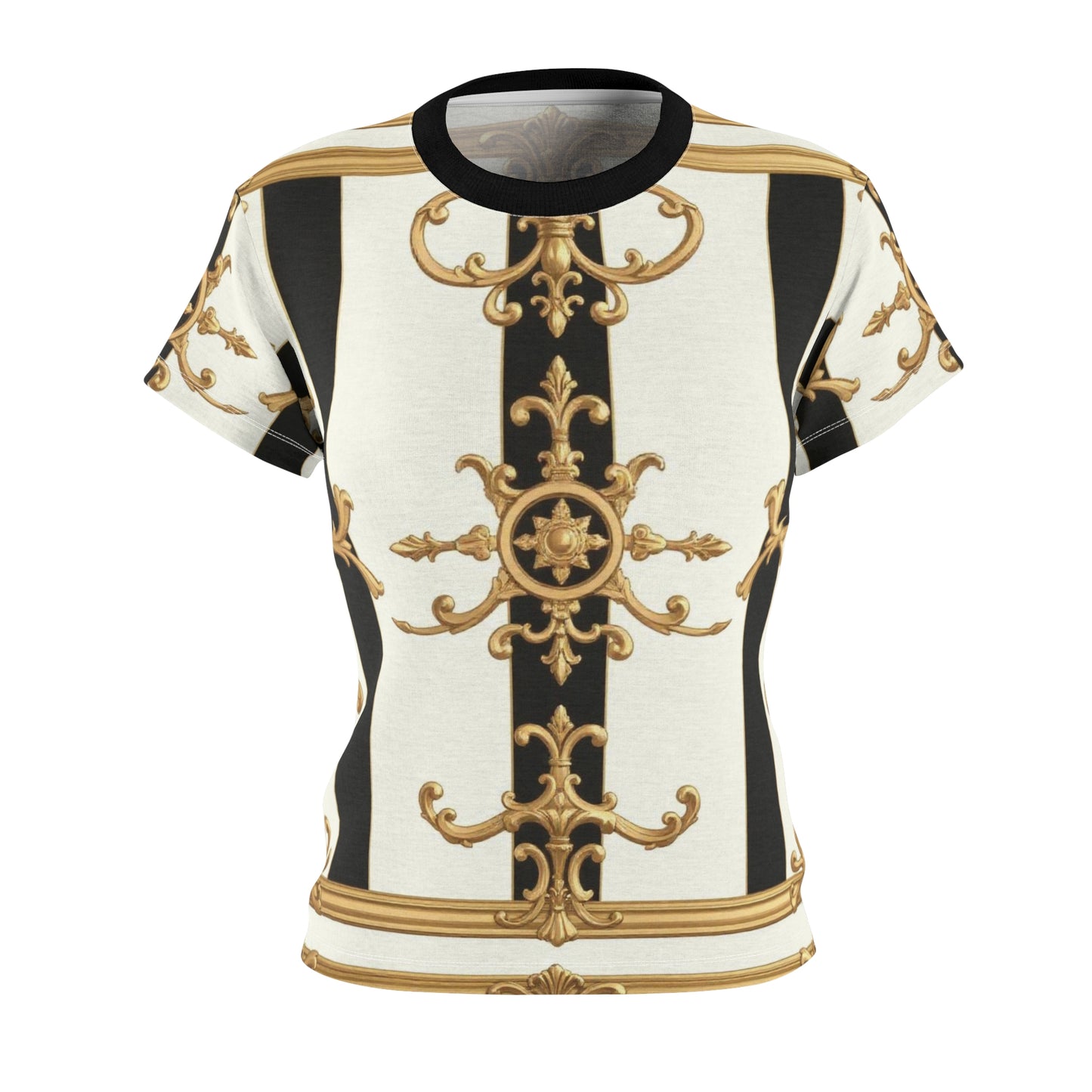 Elegant Women's AOP Tee, Fashion Tee, Versatile Graphic Top, Gift for Fashion Lovers, Statement Piece - Black & White Striped Gold Baroque