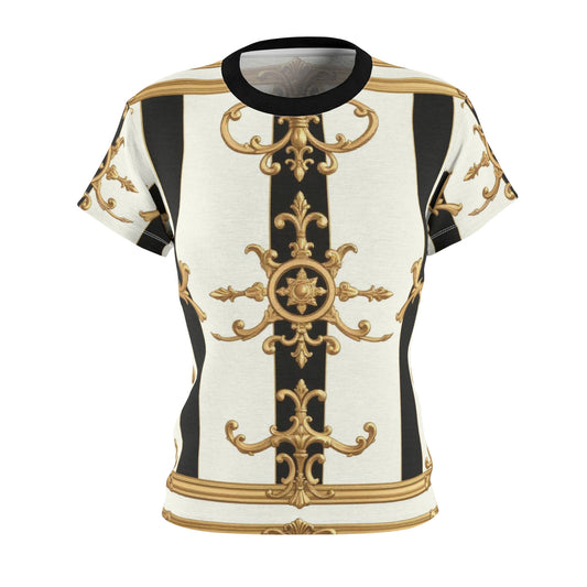 Elegant Women's AOP Tee, Fashion Tee, Versatile Graphic Top, Gift for Fashion Lovers, Statement Piece - Black & White Striped Gold Baroque