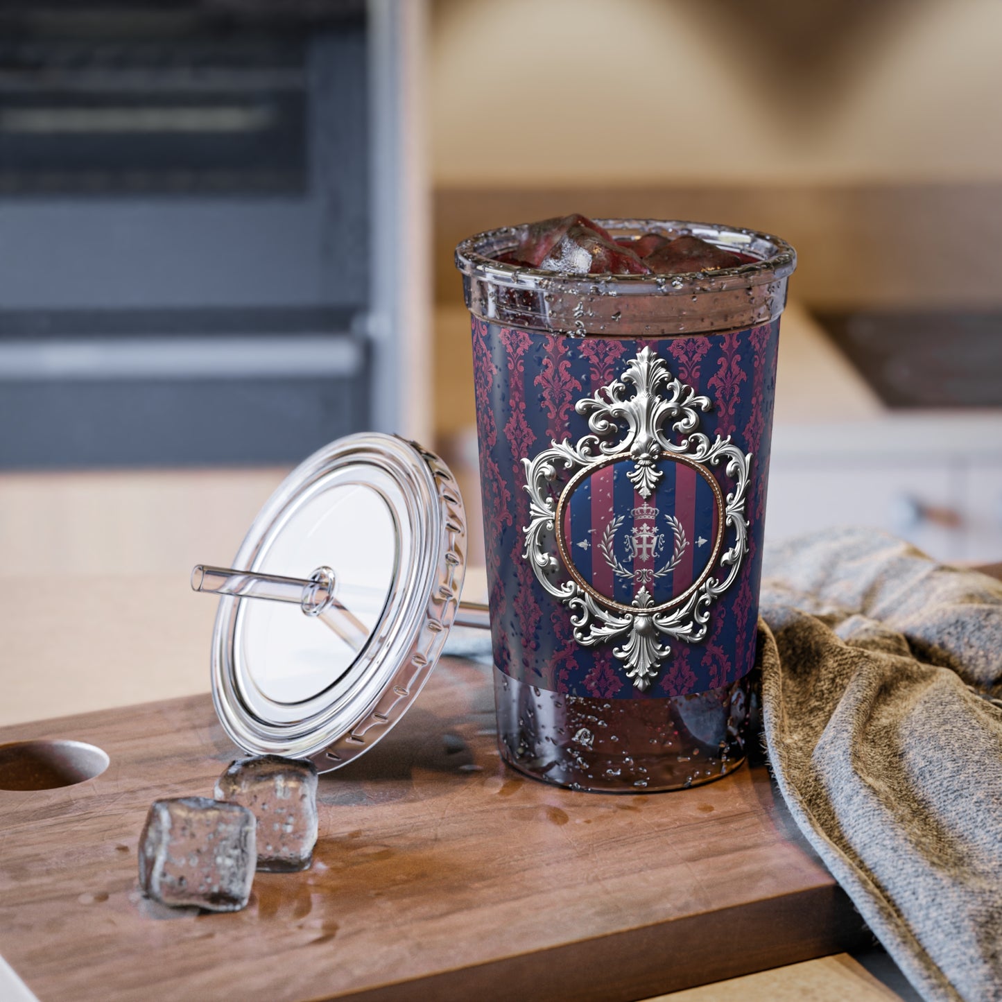 Stylish Acrylic Cup with Elegant Pattern, Gift for Coffee Lovers, Reusable Drinkware, Luxe Travel Mug, Birthday Present - Blue & Plum Striped Silver Crest