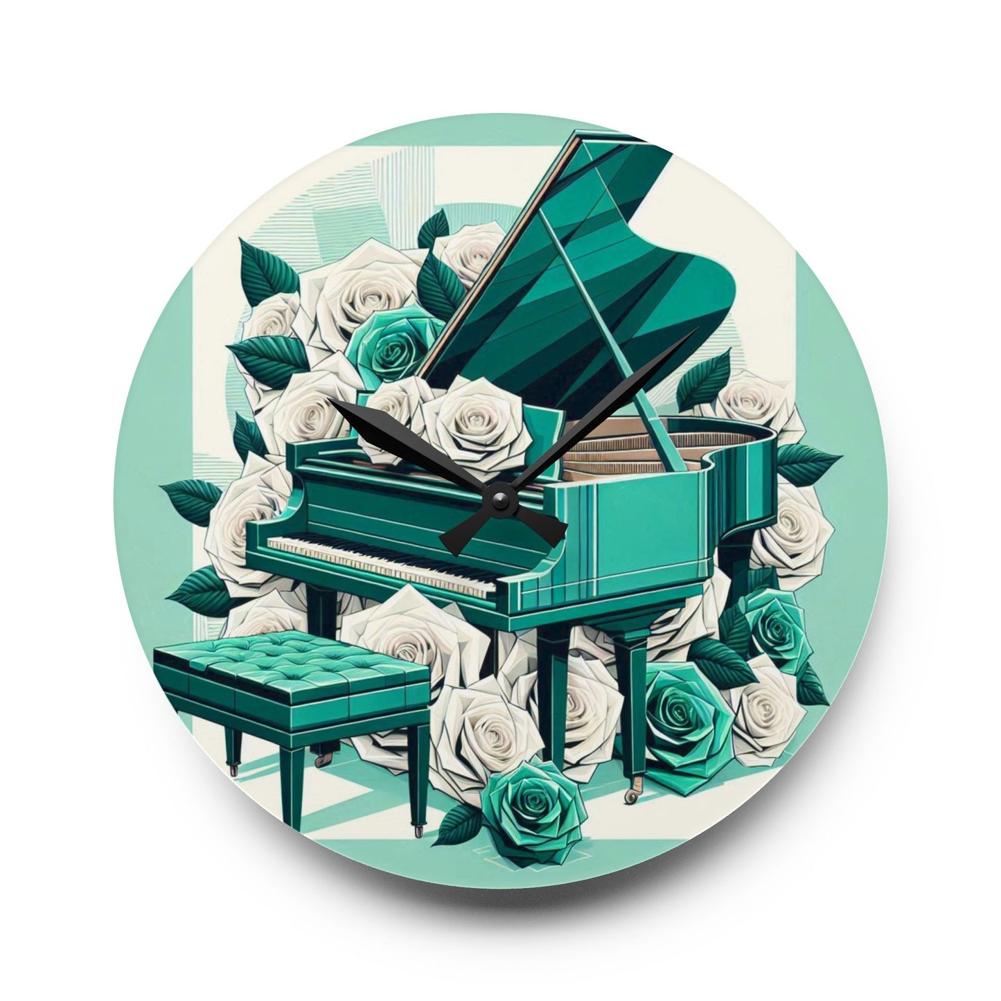 Elegant Aqua Piano and Roses Acrylic Wall Clock - Perfect Gift for Music Lovers