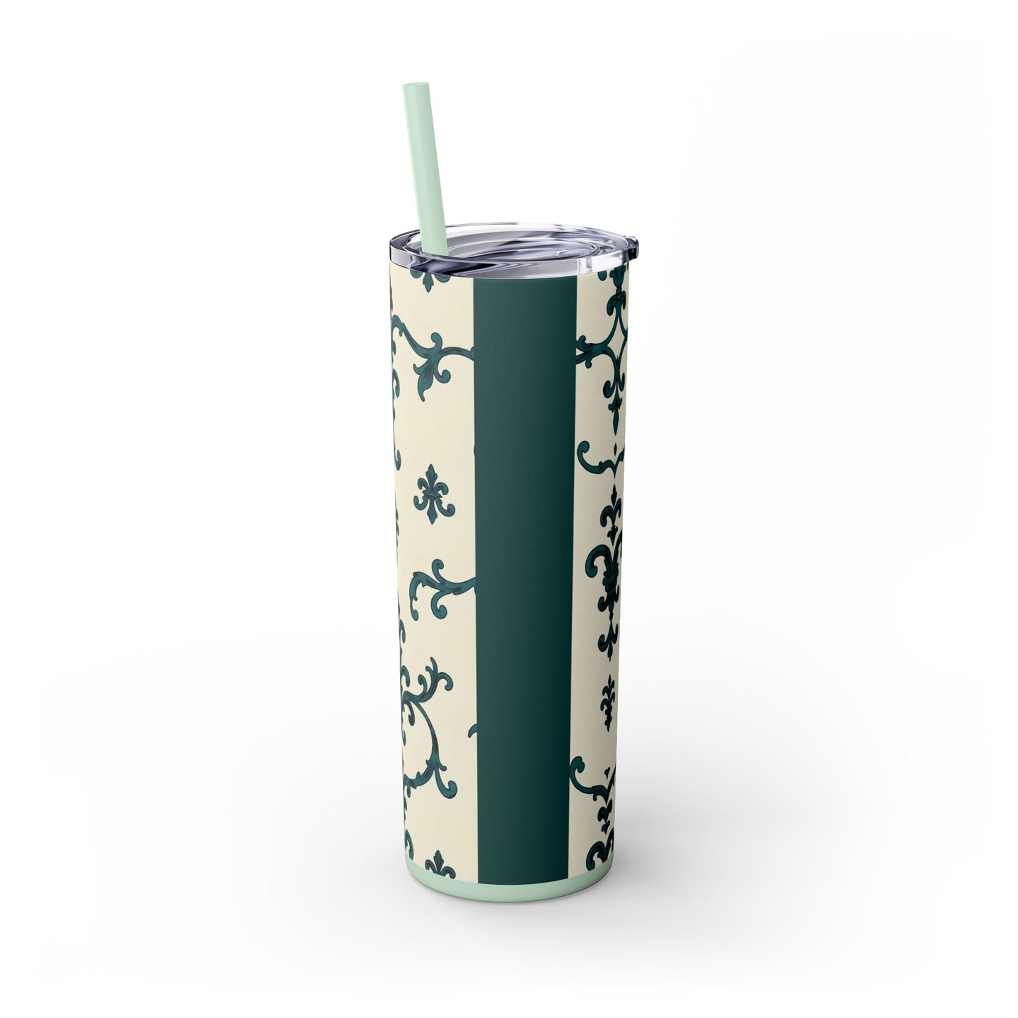 Elegant Floral Skinny Tumbler, 20oz - Stylish Travel Mug for Home, Coffee Lover Gift, Eco-Friendly Drinkware, Party Favor - Teal Striped Rococo