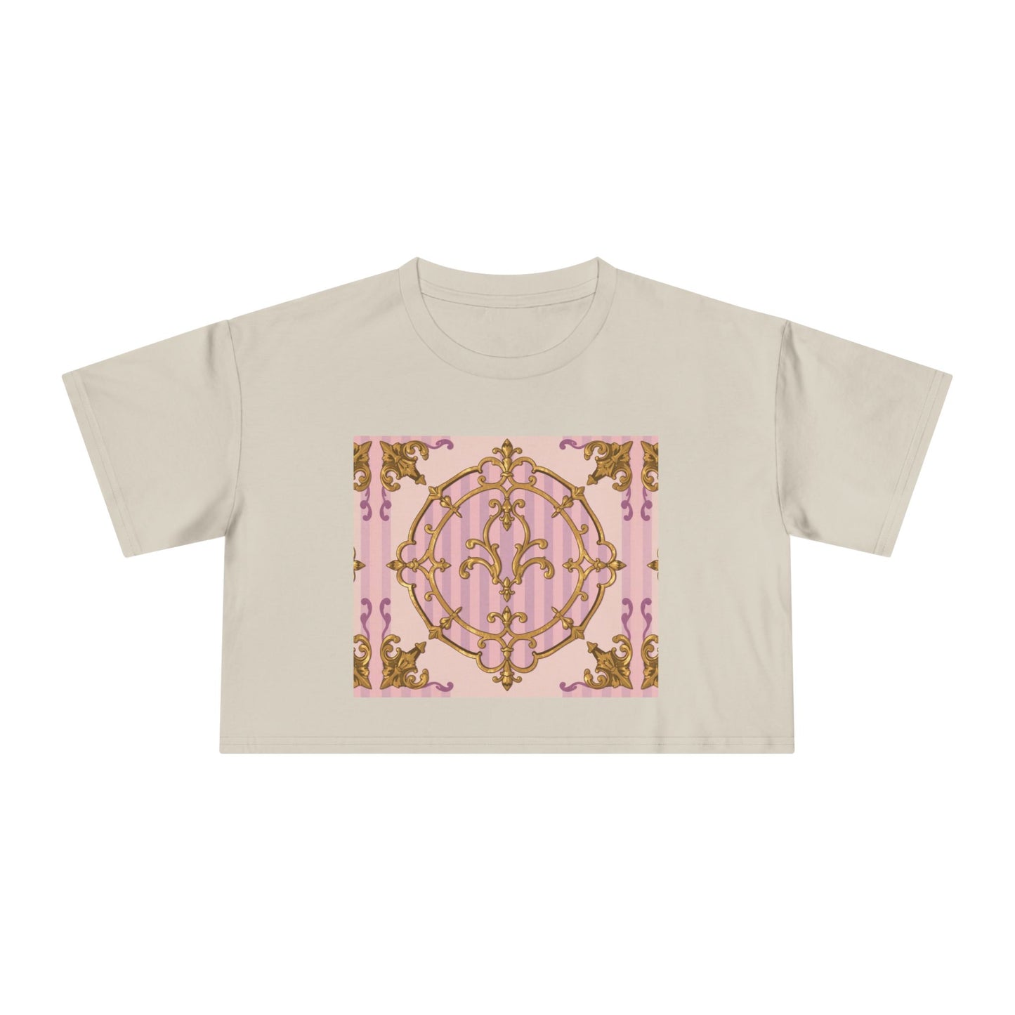Chic Women's Crop Tee with Elegant Lavender & Alabaster Striped Gold Baroque Print - Perfect for Fashionistas, Festivals, Gifts, Summer Wear