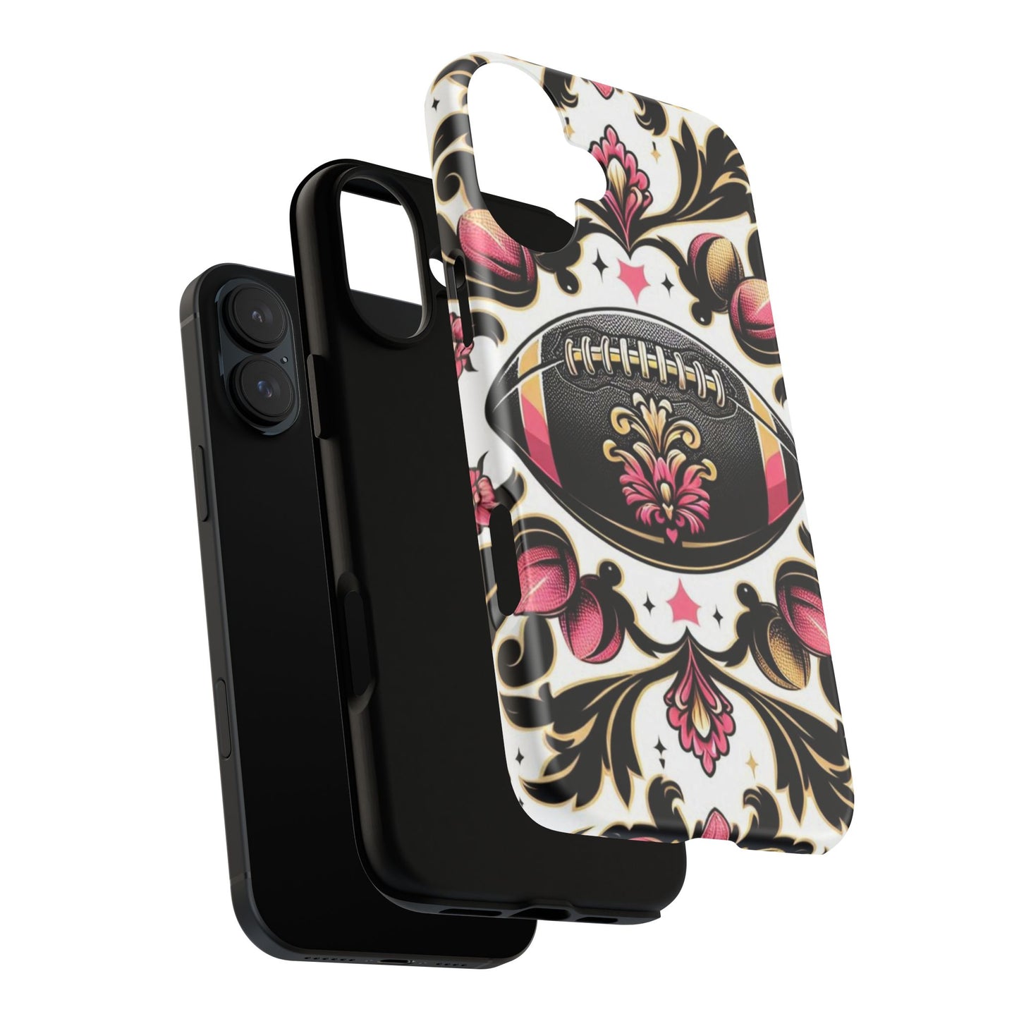 Elegant Floral Motif Phone Case - Tough Cases with Vintage Design - Damask White, Pink Gold & Black Football