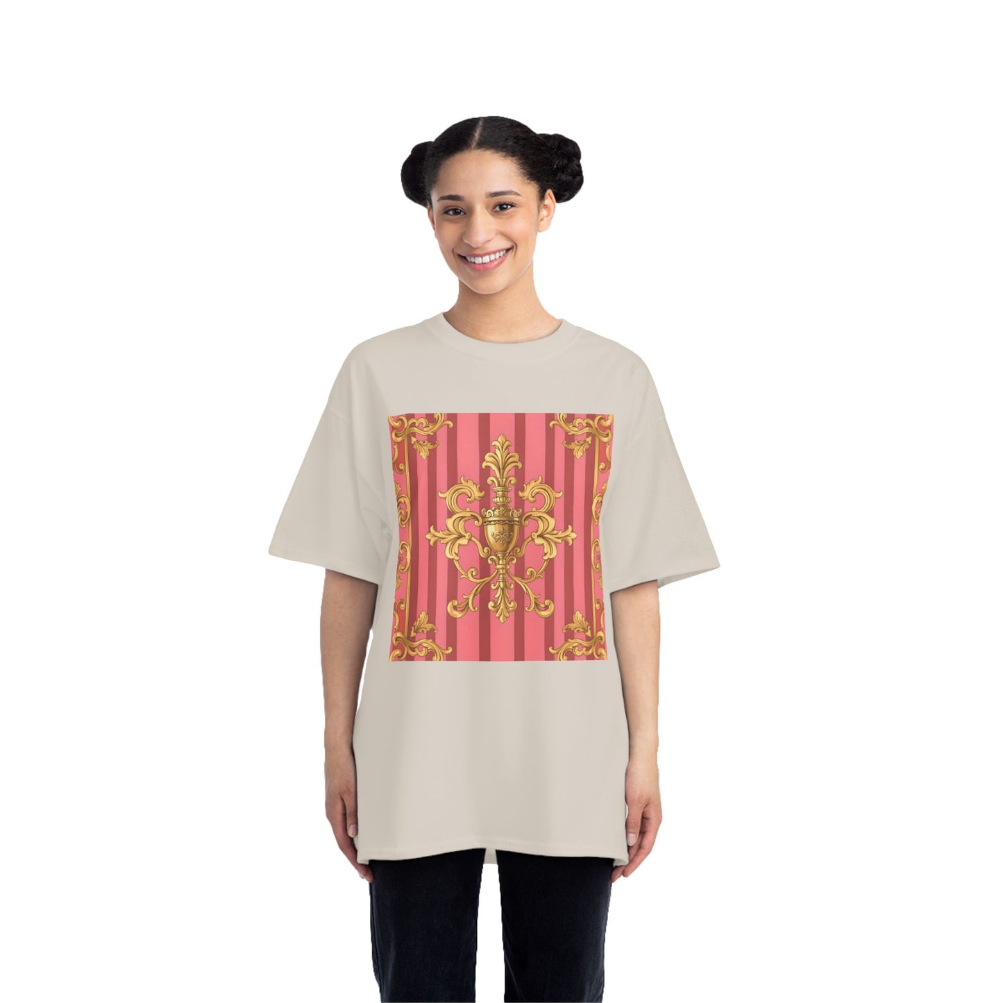 Chic Vintage Style Short-Sleeve T-Shirt - Elegant Baroque Design | Fashion Top, Gift for Her, Casual Wear - Pink Striped Gold Baroque