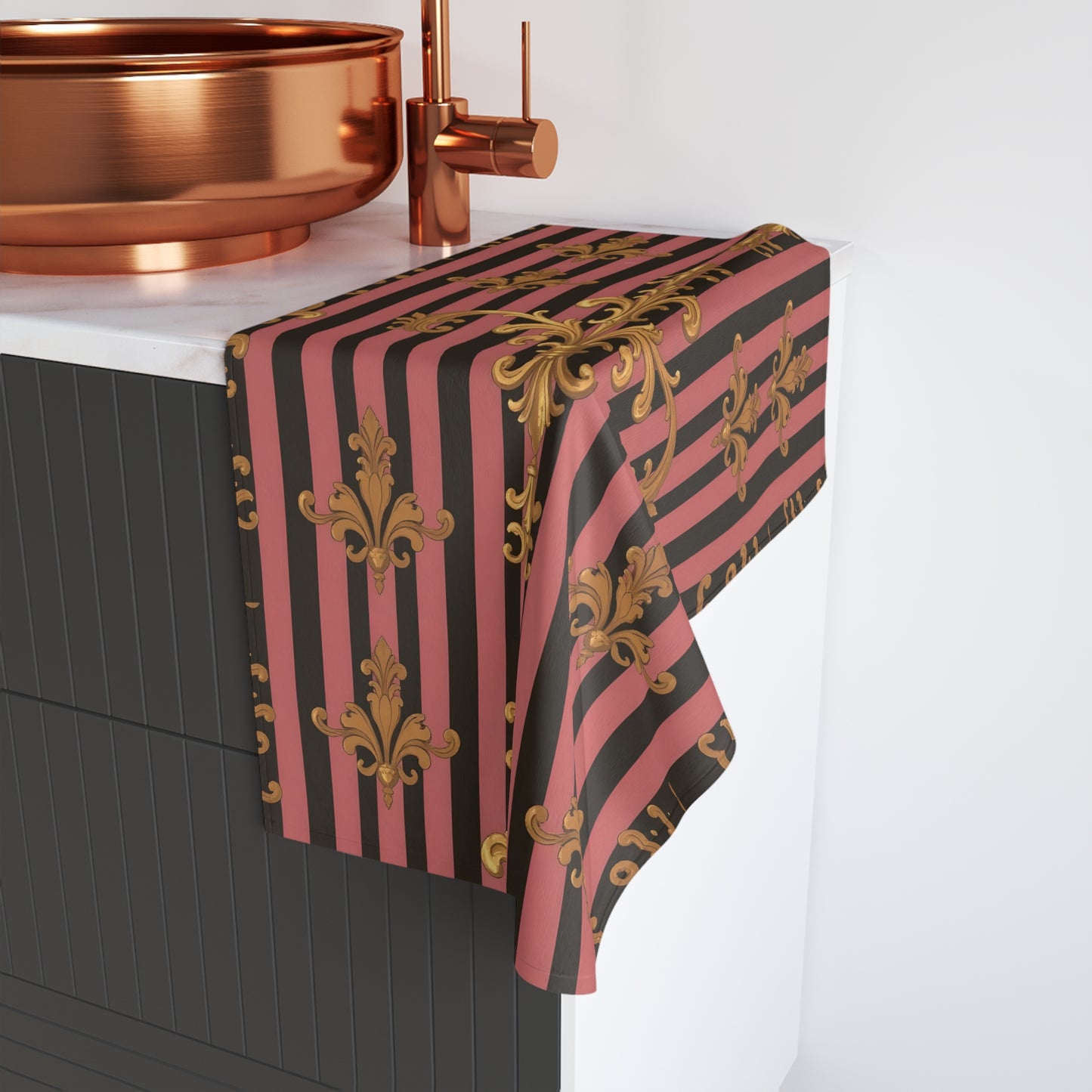 Luxurious Ornate Hand Towel - Elegant Home Décor - Mauve Striped Gold Damask