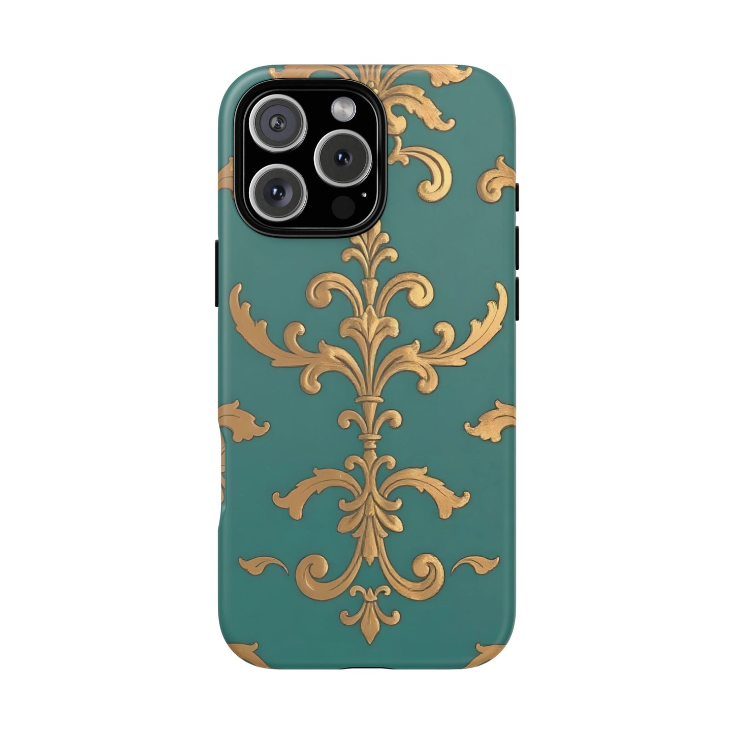 Elegant Floral Motif Phone Case - Tough Cases with Vintage Design - Aqua & Gold Damask