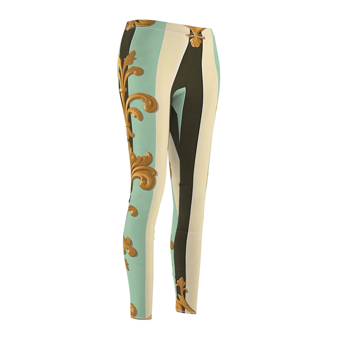 Elegant AOP Women's Leggings, Fashionable Activewear, Chic Workout Pants, Unique Casual Style - Black & Matte Mint Striped Rococo