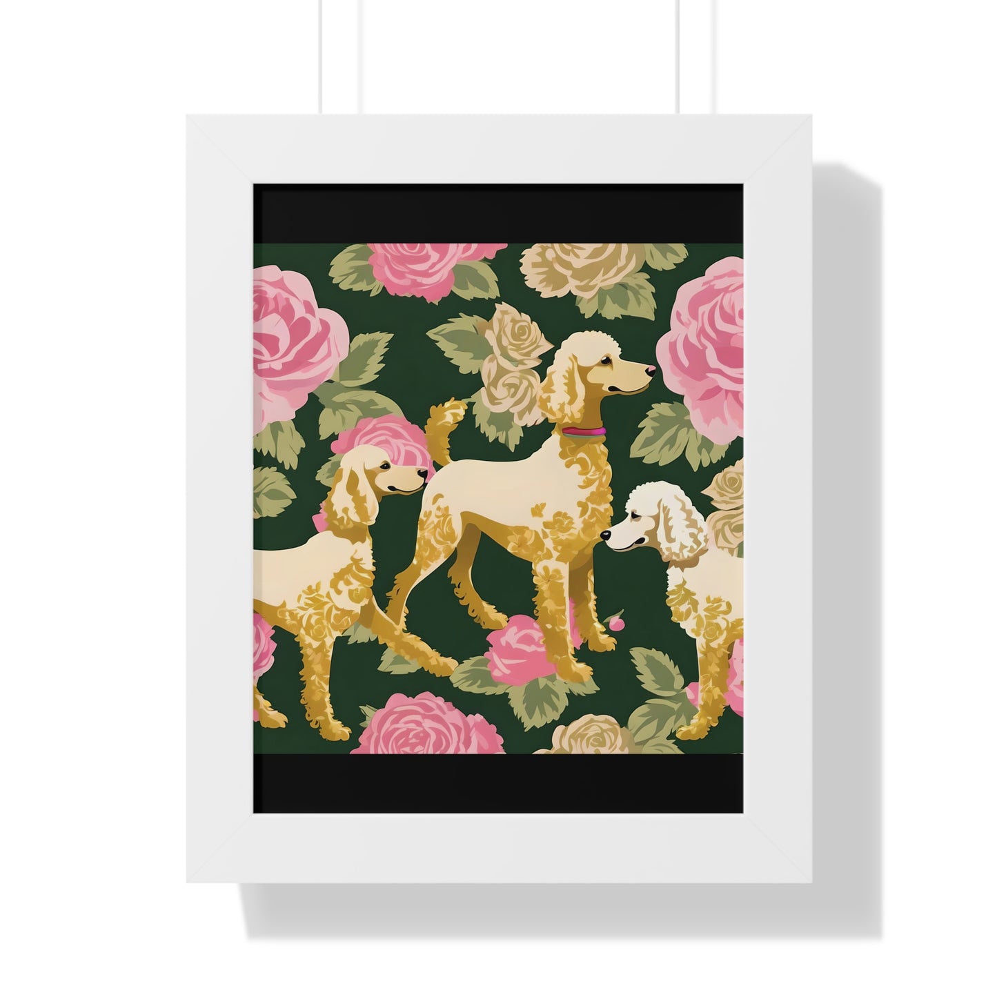 Vertical Poster - Stylish Framed - Art for Home Decor - Poodles In Dark Green & Pink Roses