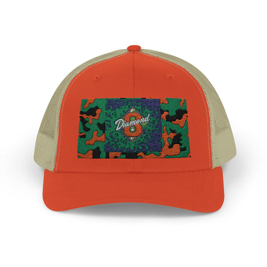 Colorful Camouflage Snapback Trucker Cap, Casual Hat, Outdoor Gear, Unisex Headwear, Gift for Him/Her - Green & Orange Camo Diamond 8
