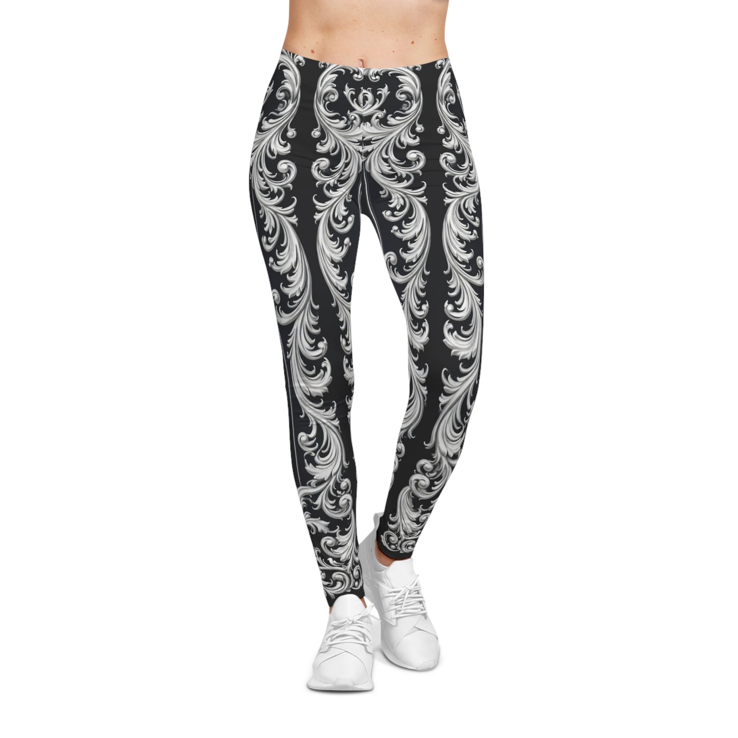 Navy Stripes & Baroque Print Leggings - Vintage Navy Ornate Pattern