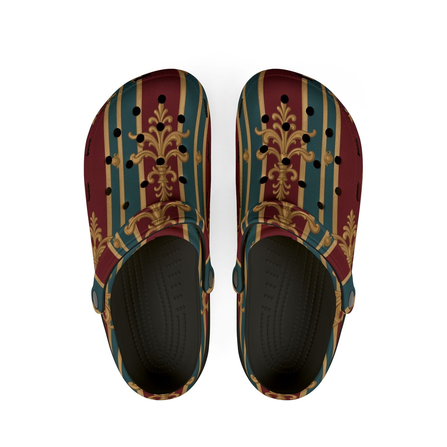 Stylish EVA Foam Slippers, Comfortable Home Footwear, Boho Slide-On Clogs for Relaxation, Gift for Her - Burgundy Striped Gold Baroque