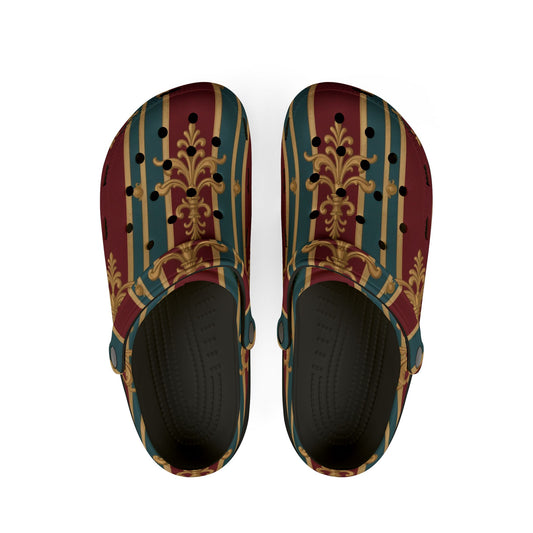 Stylish EVA Foam Slippers, Comfortable Home Footwear, Boho Slide-On Clogs for Relaxation, Gift for Her - Burgundy Striped Gold Baroque