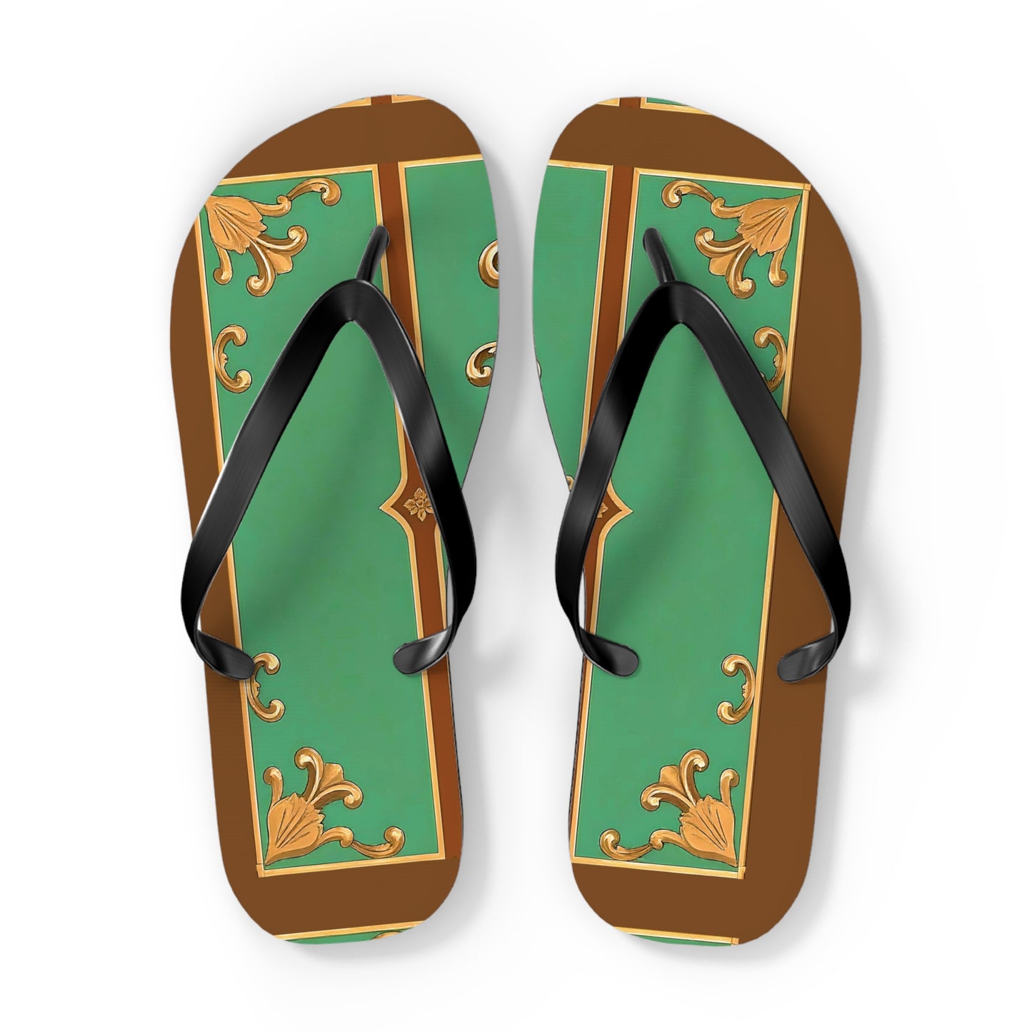 Elegant Floral Flip Flops for Summer Getaways - Rust & Green Striped Baroque